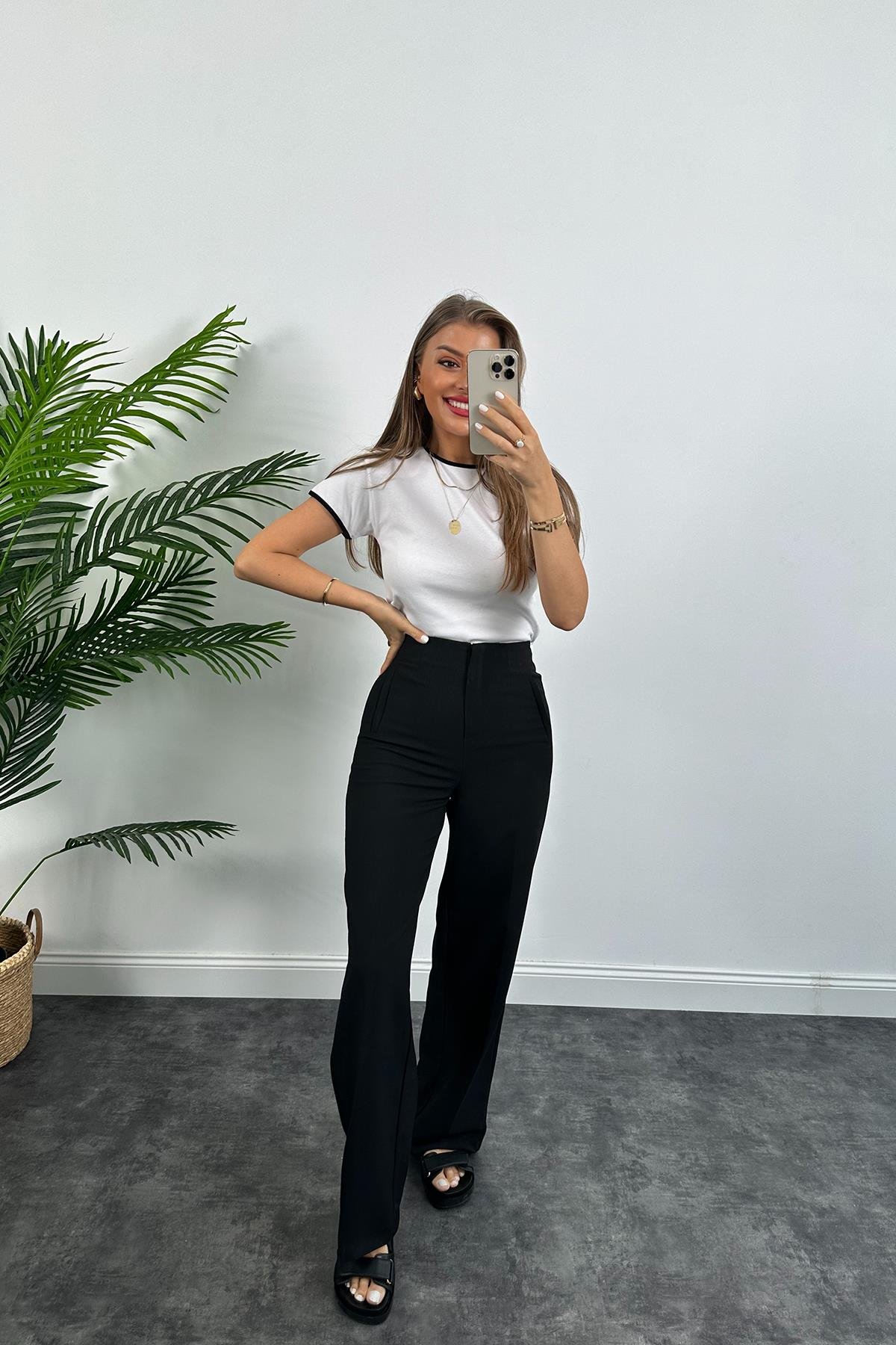 Massimo Model %100 Pamuklu Biyeli Kısa Kol Basic Tshirt  Beyaz