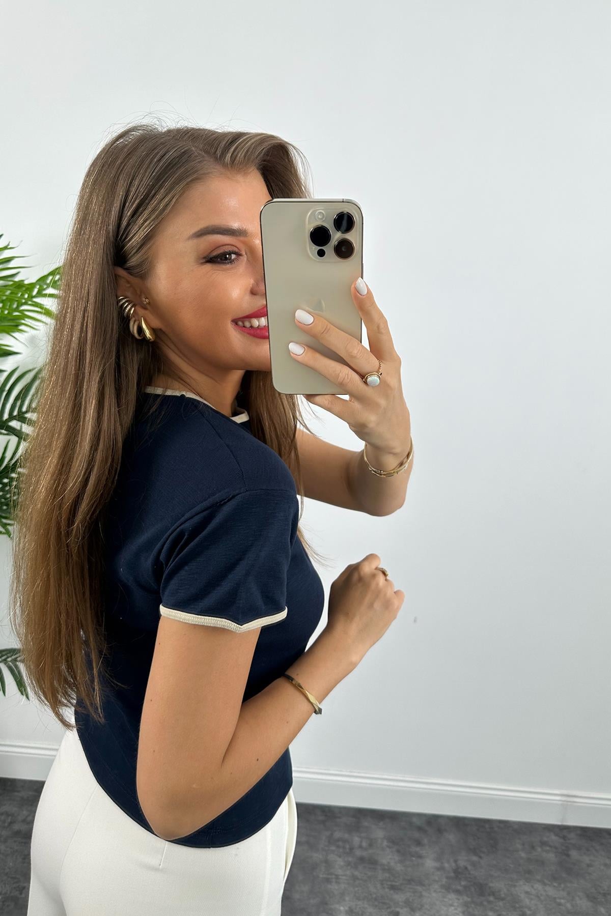 Massimo Model %100 Pamuklu Biyeli Kısa Kol Basic Tshirt  Lacivert