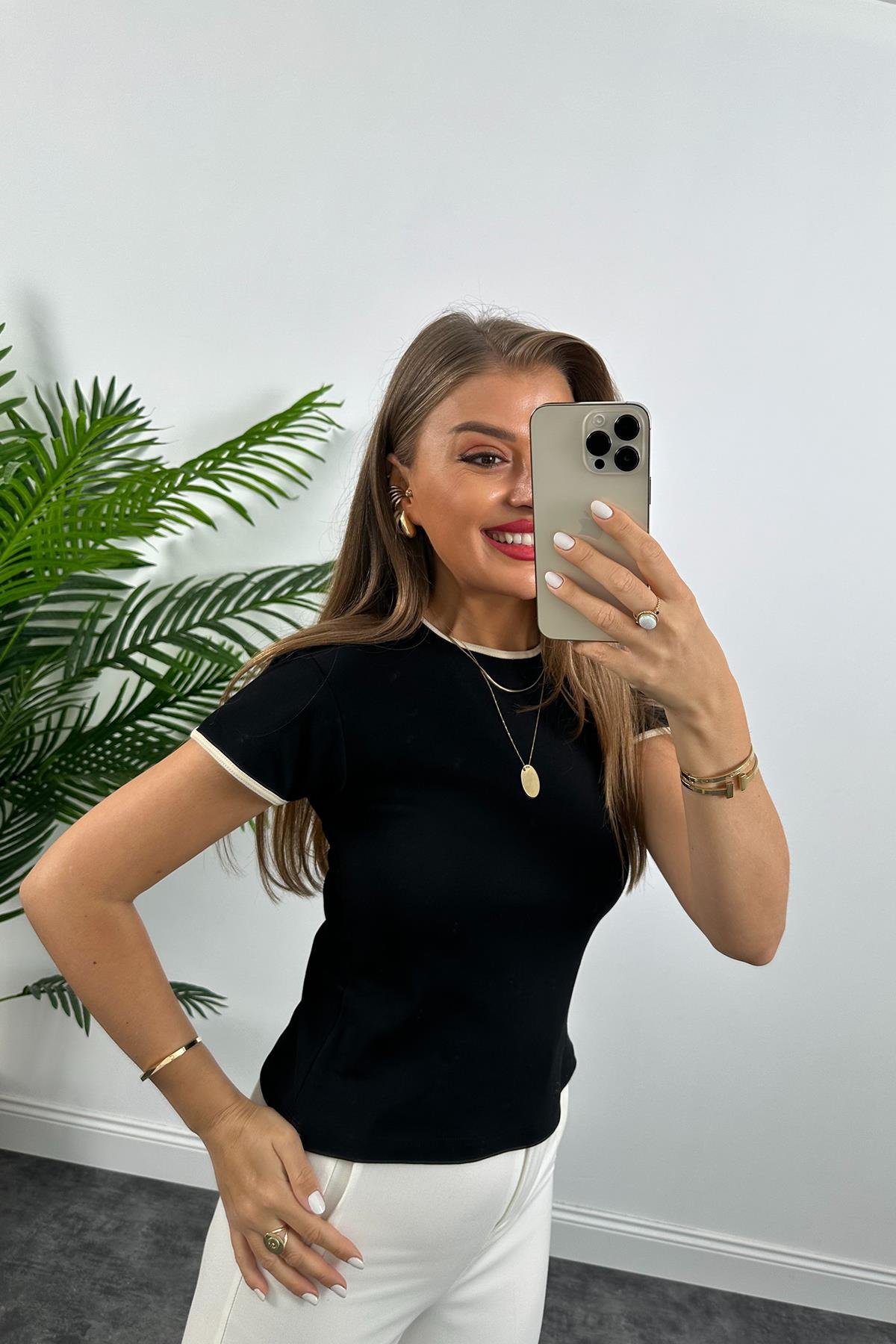 Massimo Model %100 Pamuklu Biyeli Kısa Kol Basic Tshirt  Siyah