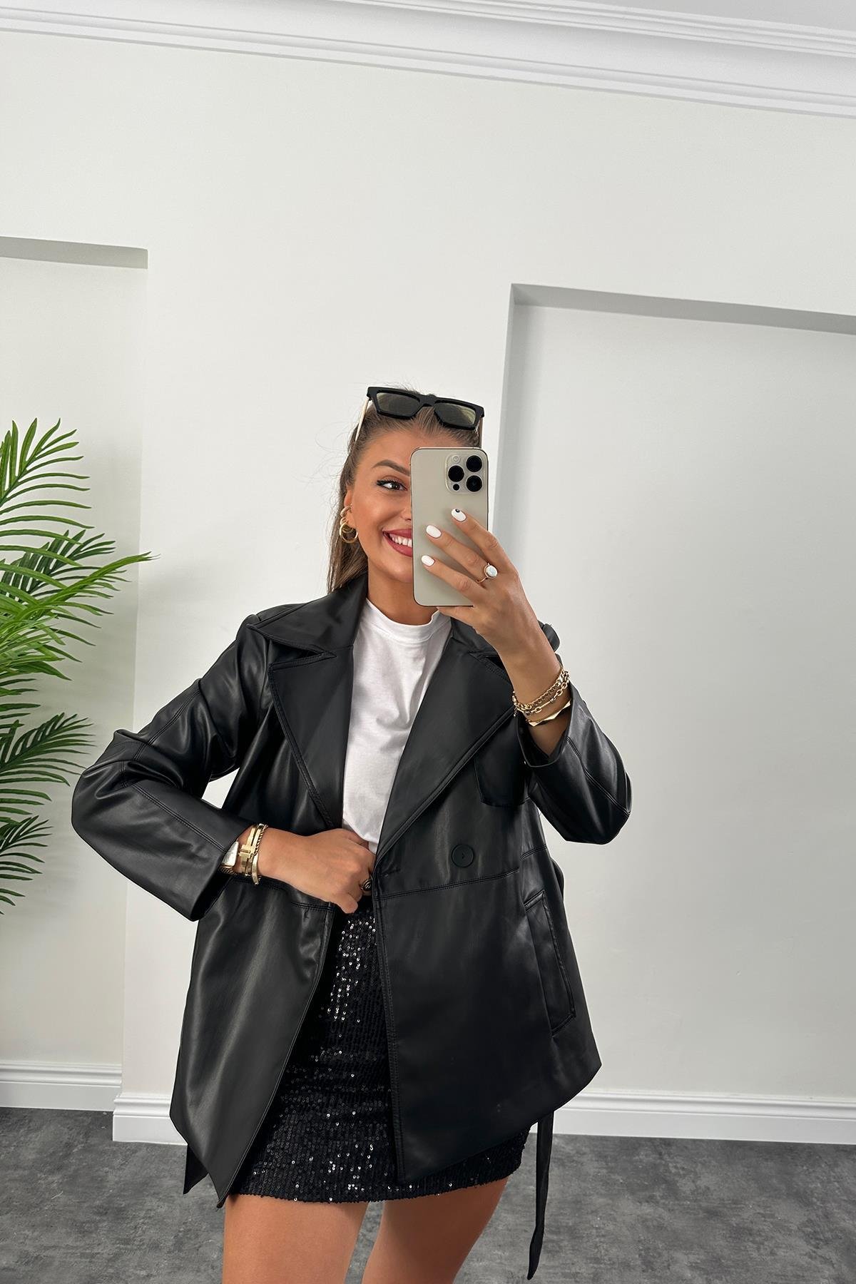 Massimo Model Premium Seri Vegan Deri Orta Boy Trençkot Siyah