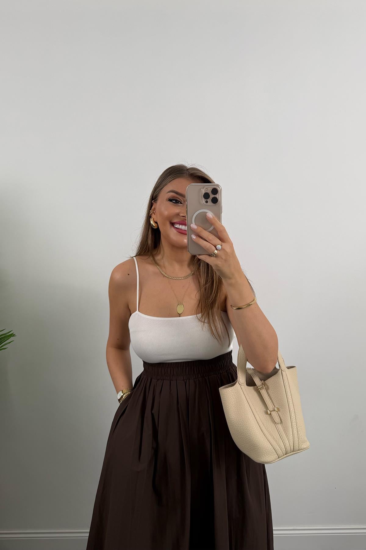 Maxi Boy Beli Kalın Lastikli Basic Kloş Poplin Etek Kahverengi