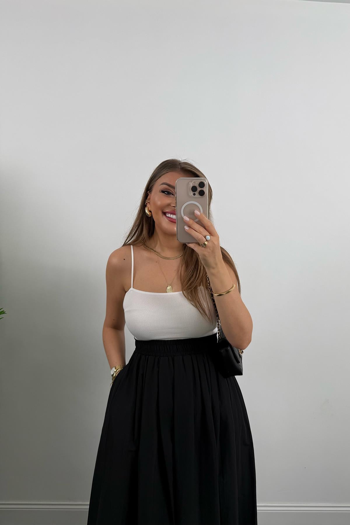 Maxi Boy Beli Kalın Lastikli Basic Kloş Poplin Etek Siyah 
