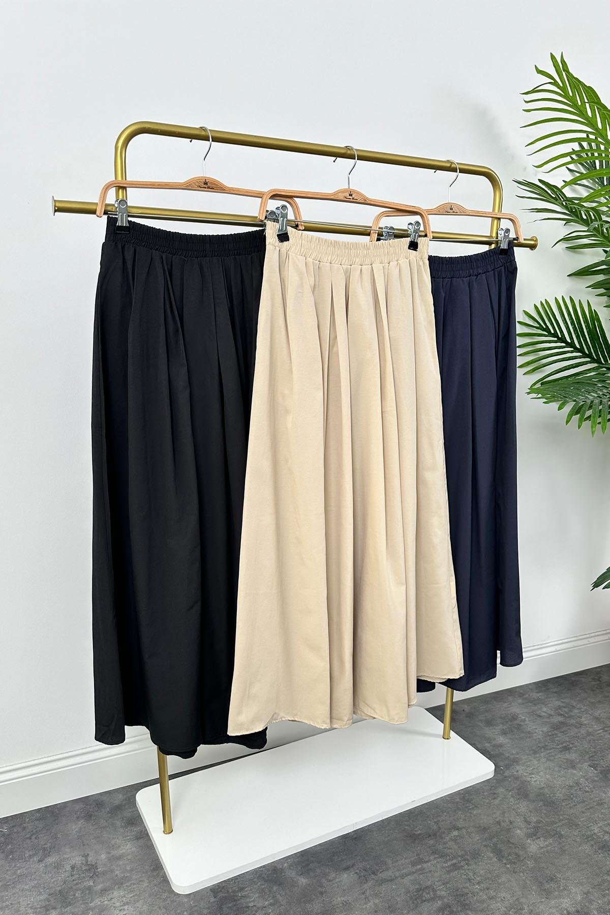 Maxi Boy Beli Kalın Lastikli Basic Kloş Poplin Etek Bej