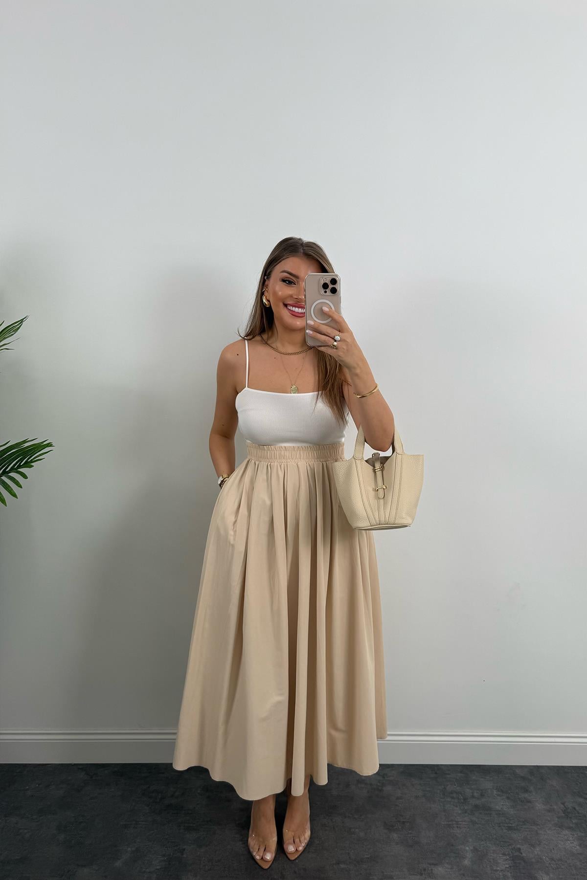 Maxi Boy Beli Kalın Lastikli Basic Kloş Poplin Etek Taş