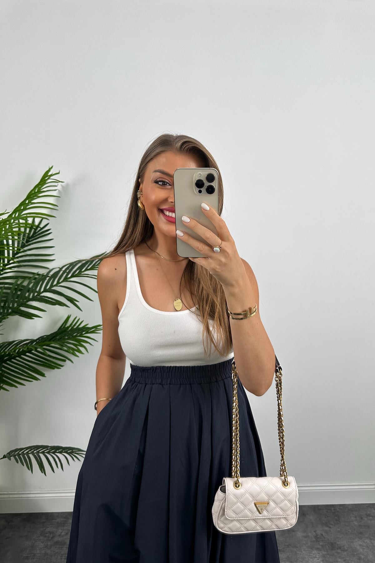 Maxi Boy Beli Kalın Lastikli Basic Kloş Poplin Etek Lacivert