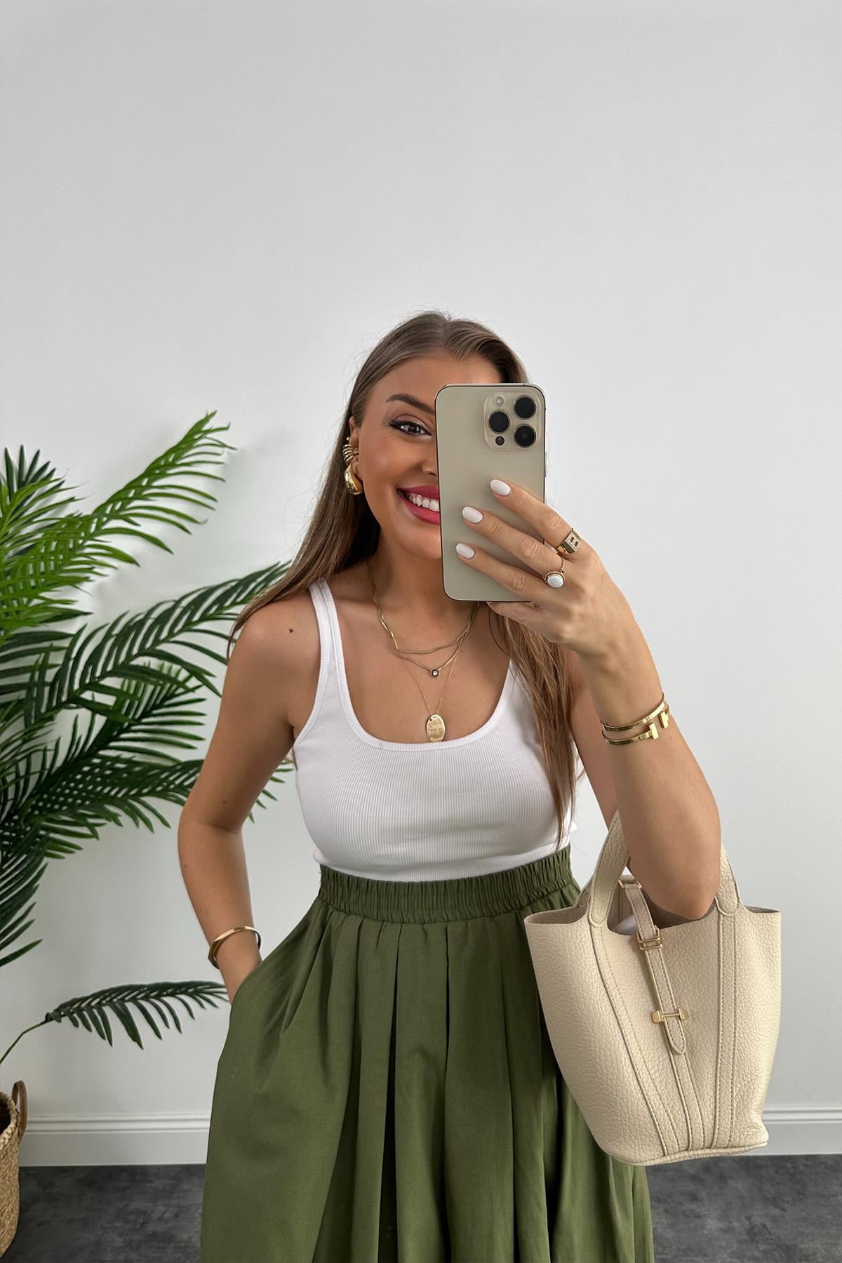 Maxi Boy Beli Kalın Lastikli Basic Kloş Poplin Etek Haki