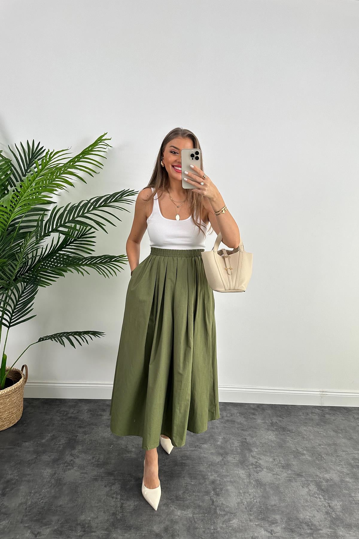 Maxi Boy Beli Kalın Lastikli Basic Kloş Poplin Etek Haki