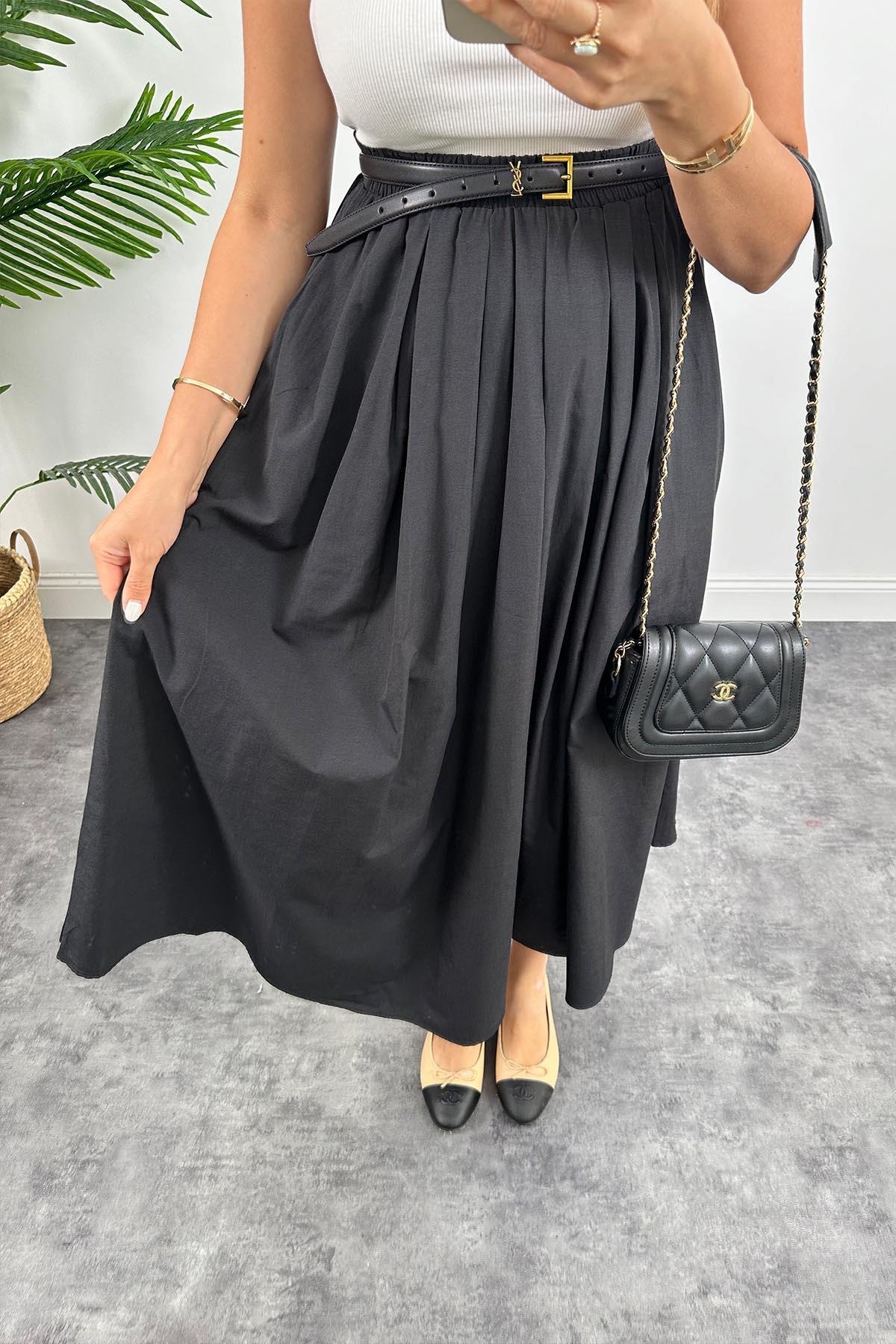 Maxi Boy Beli Kalın Lastikli Basic Kloş Poplin Etek Siyah
