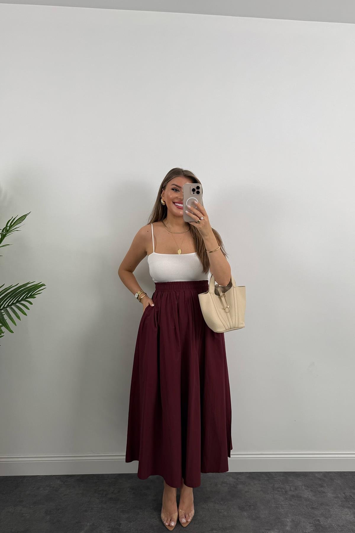 Maxi Boy Beli Kalın Lastikli Basic Kloş Poplin Etek Bordo