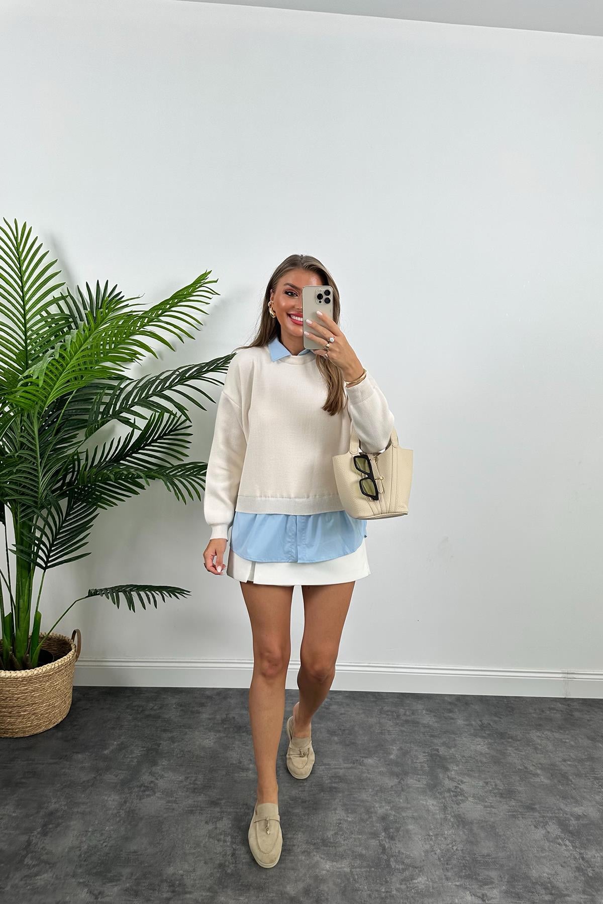 Mng Model Gömlekli Tasarım Triko Krem Mavi