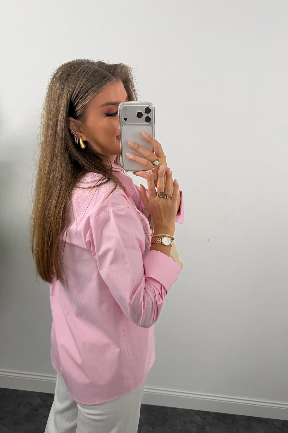 Mng Önü Nakışlı %100 Pamuk Poplin Gömlek Pembe