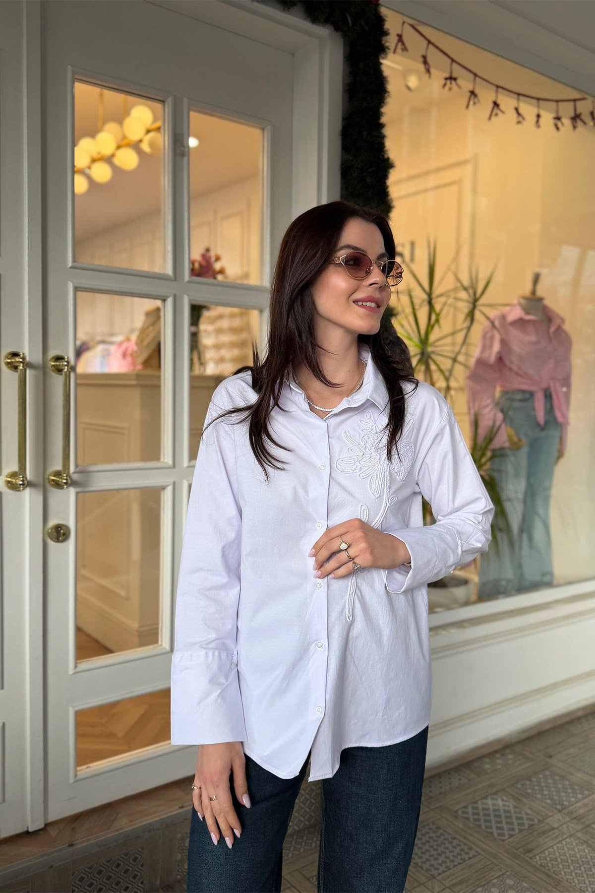 Mng Önü Nakışlı %100 Pamuk Poplin Gömlek Beyaz
