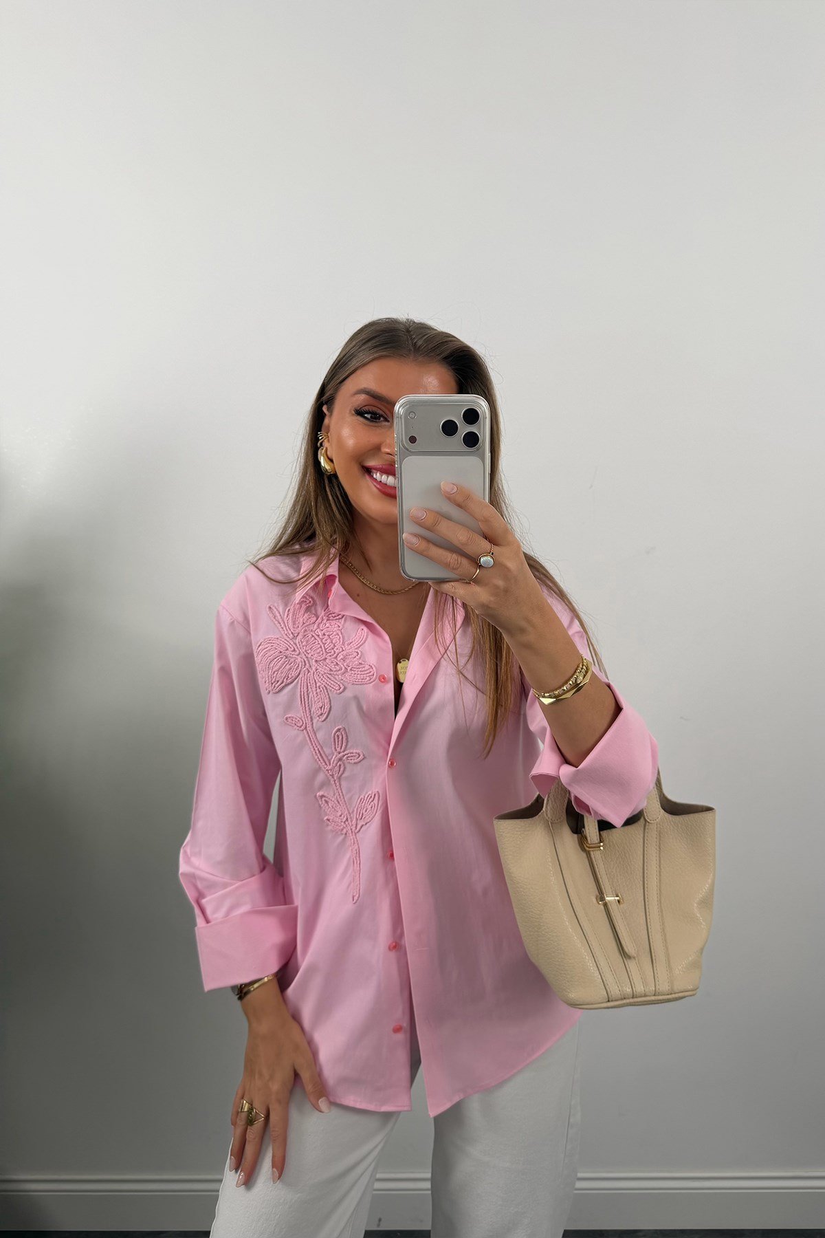 Mng Önü Nakışlı %100 Pamuk Poplin Gömlek Pembe