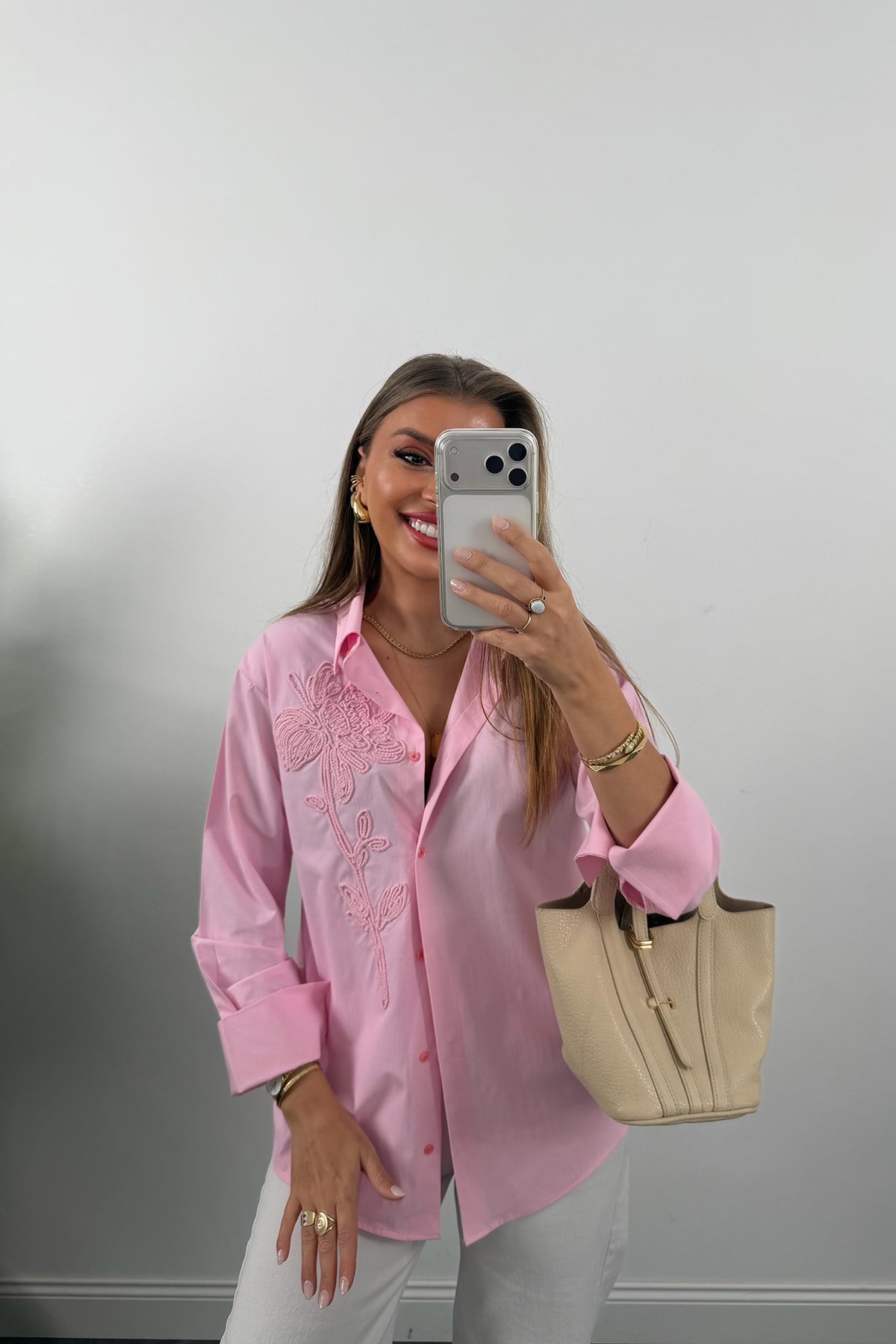 Mng Önü Nakışlı %100 Pamuk Poplin Gömlek Pembe