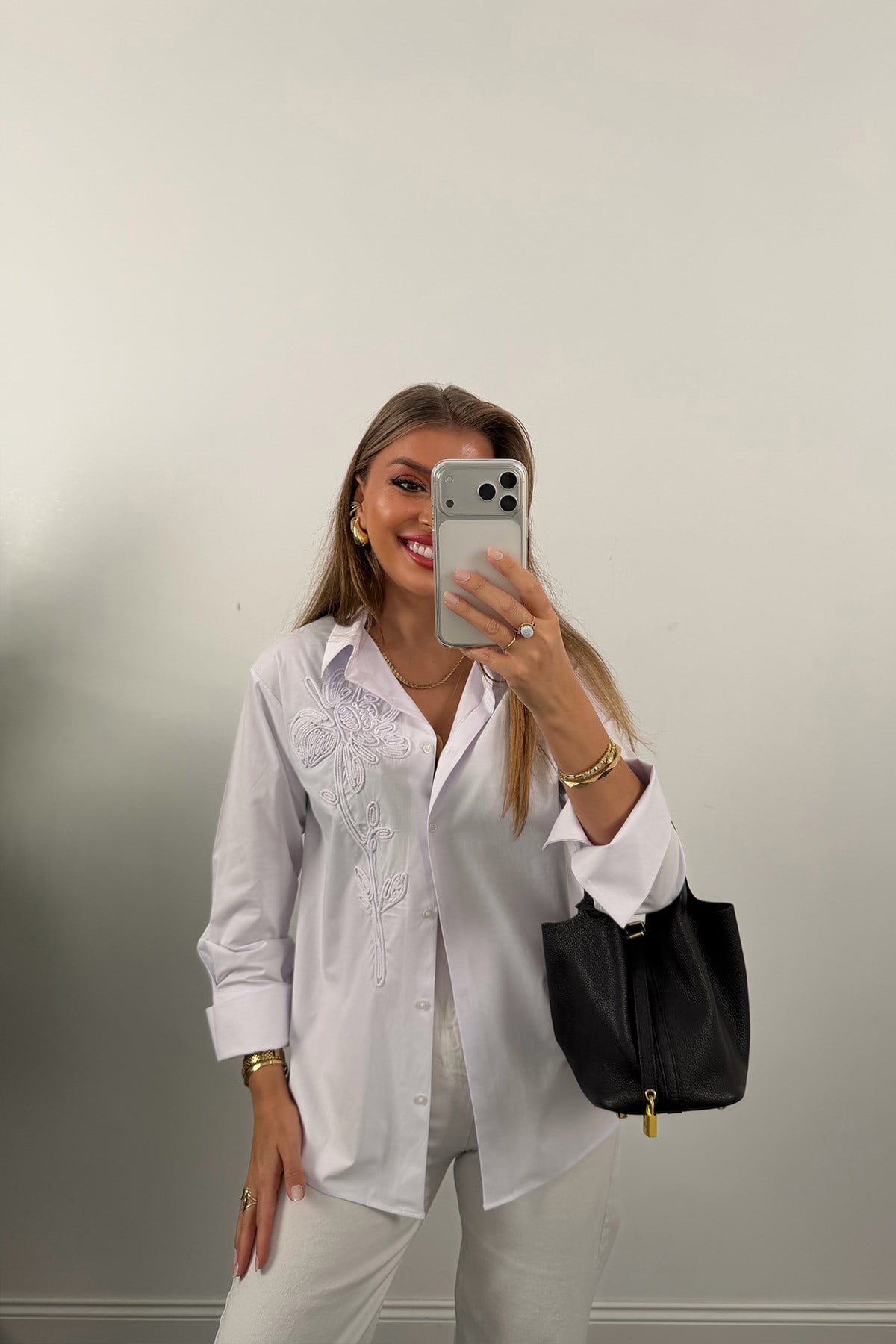 Mng Önü Nakışlı %100 Pamuk Poplin Gömlek Beyaz