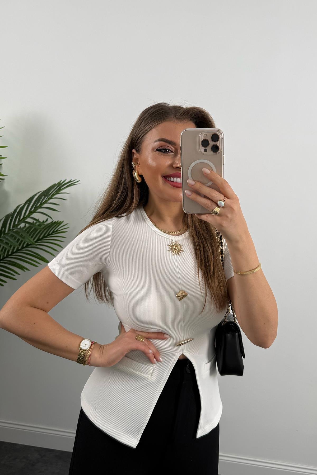 Ottoman Kumaş Güneş Serisi Kısa Kol Likralı Eteği V Bluz Beyaz