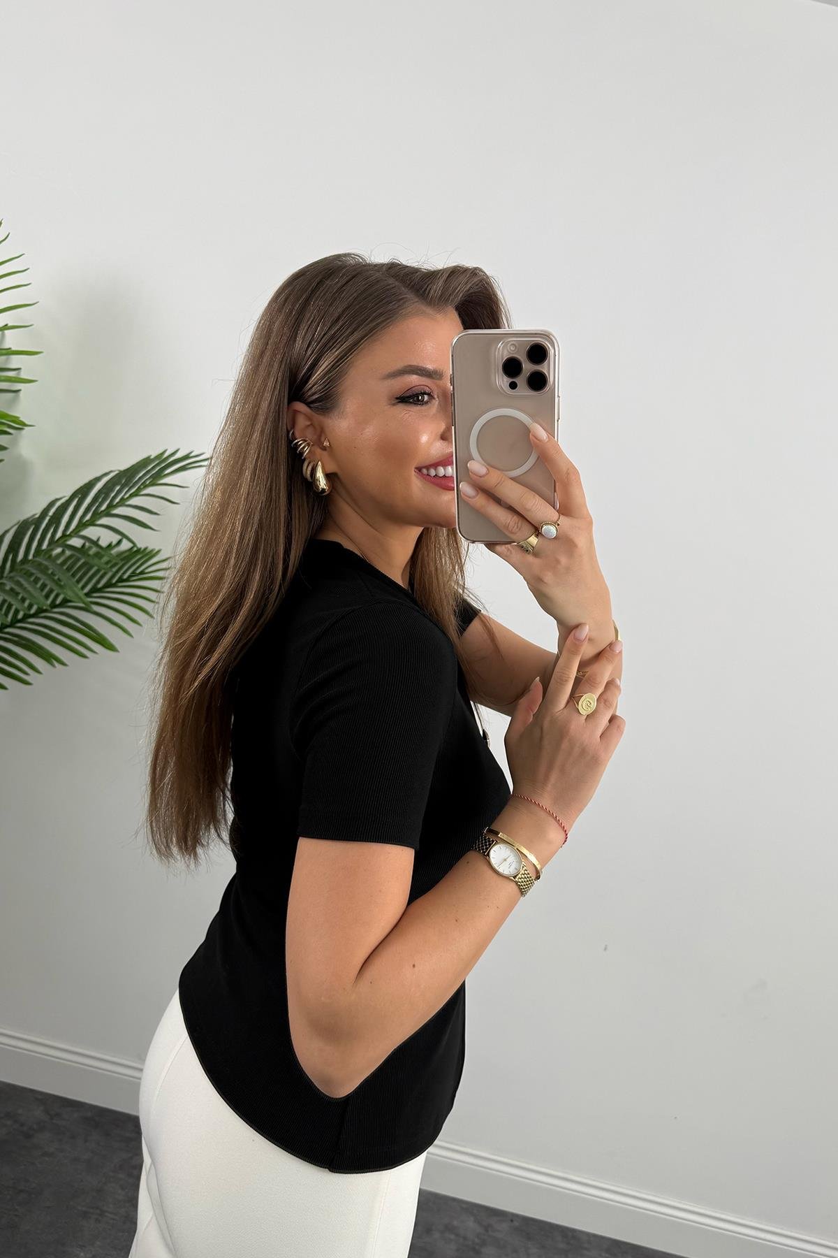 Ottoman Kumaş Güneş Serisi Kısa Kol Likralı Eteği V Bluz Siyah