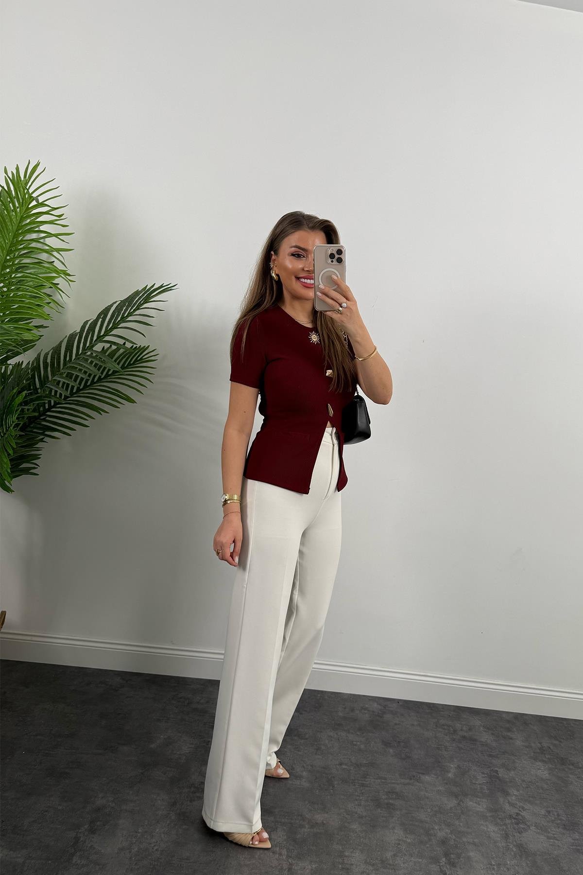 Ottoman Kumaş Güneş Serisi Kısa Kol Likralı Eteği V Bluz Bordo