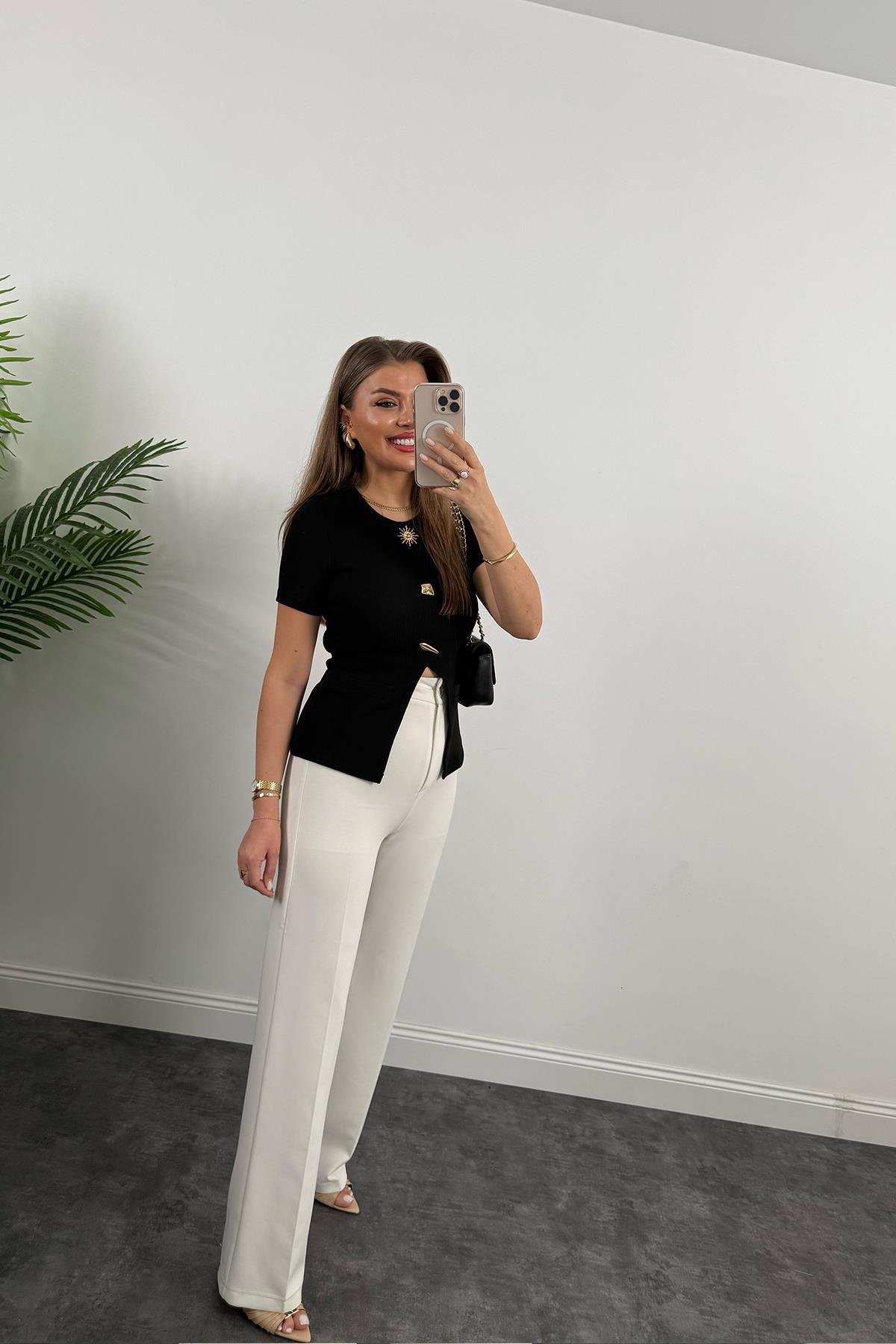 Ottoman Kumaş Güneş Serisi Kısa Kol Likralı Eteği V Bluz Siyah