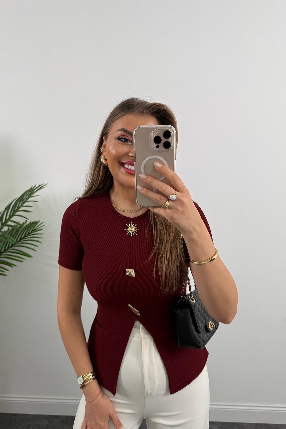 Ottoman Kumaş Güneş Serisi Kısa Kol Likralı Eteği V Bluz Bordo