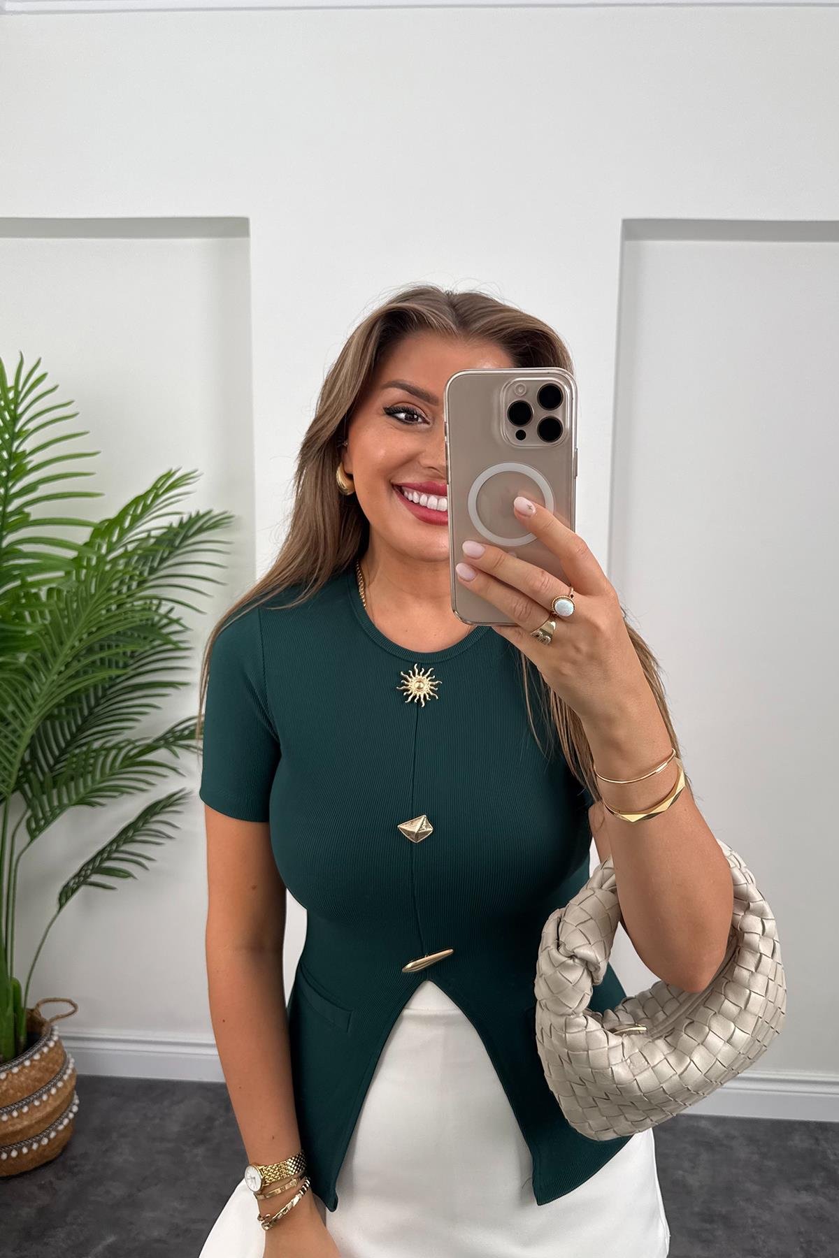 Ottoman Kumaş Güneş Serisi Kısa Kol Likralı Eteği V Bluz Zümrüt