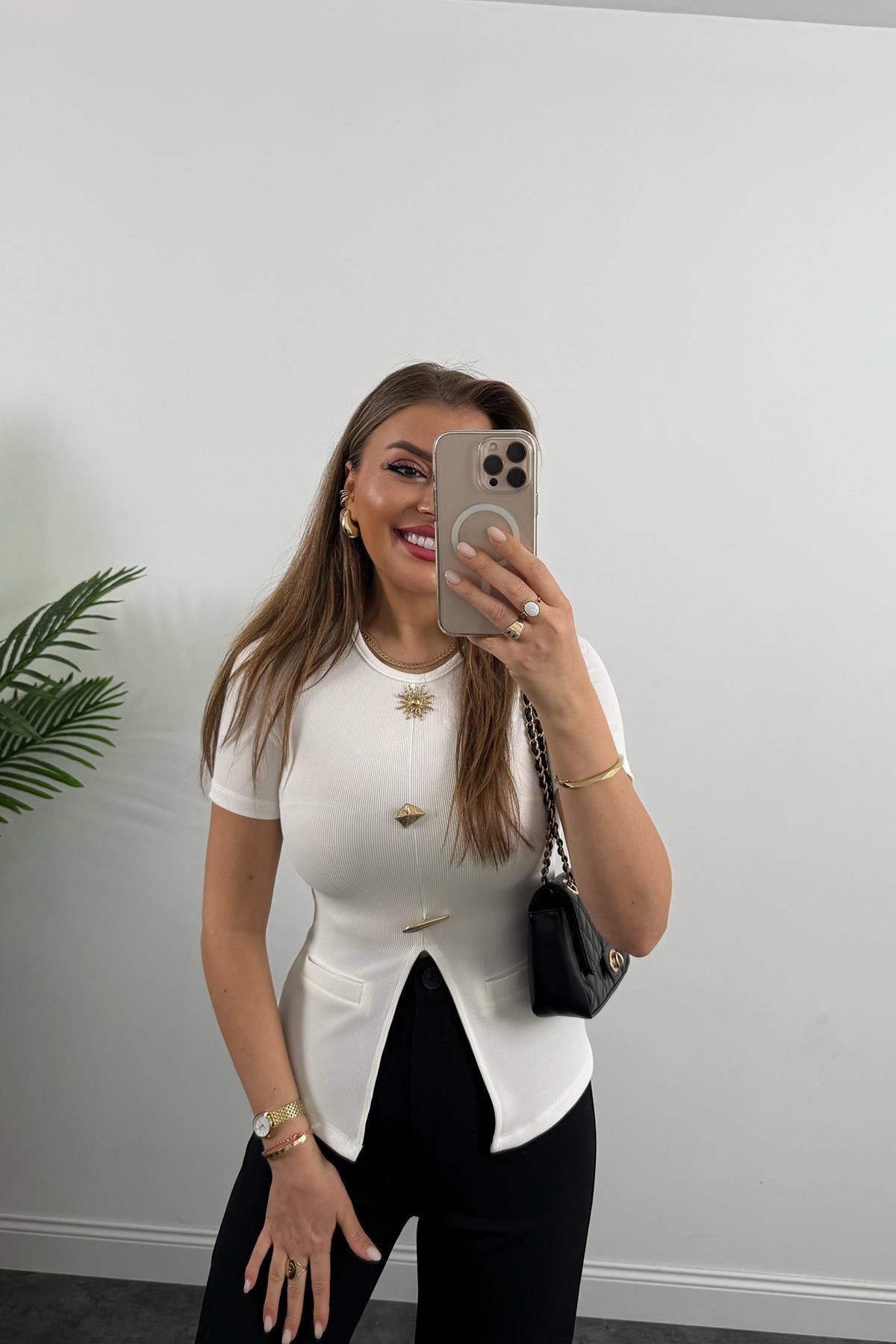 Ottoman Kumaş Güneş Serisi Kısa Kol Likralı Eteği V Bluz Beyaz