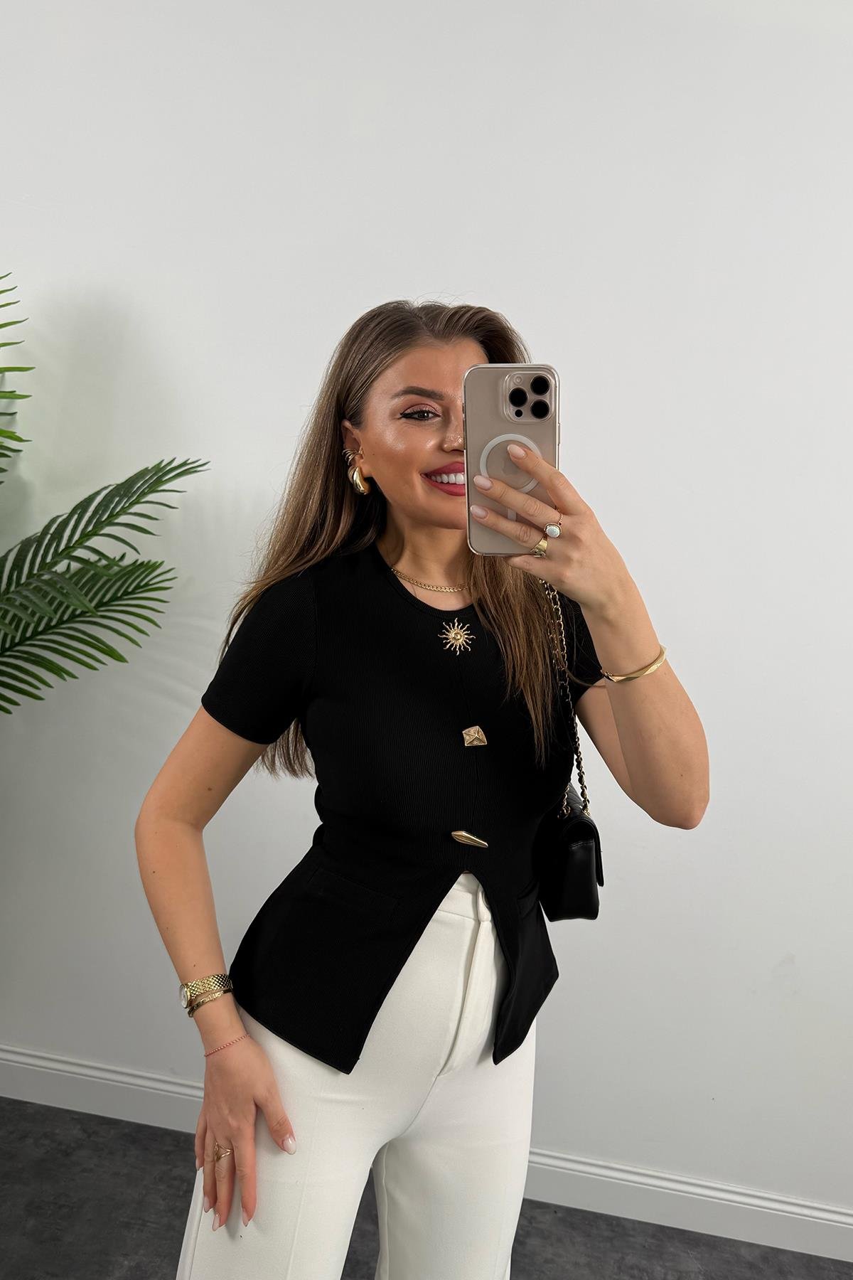 Ottoman Kumaş Güneş Serisi Kısa Kol Likralı Eteği V Bluz Siyah