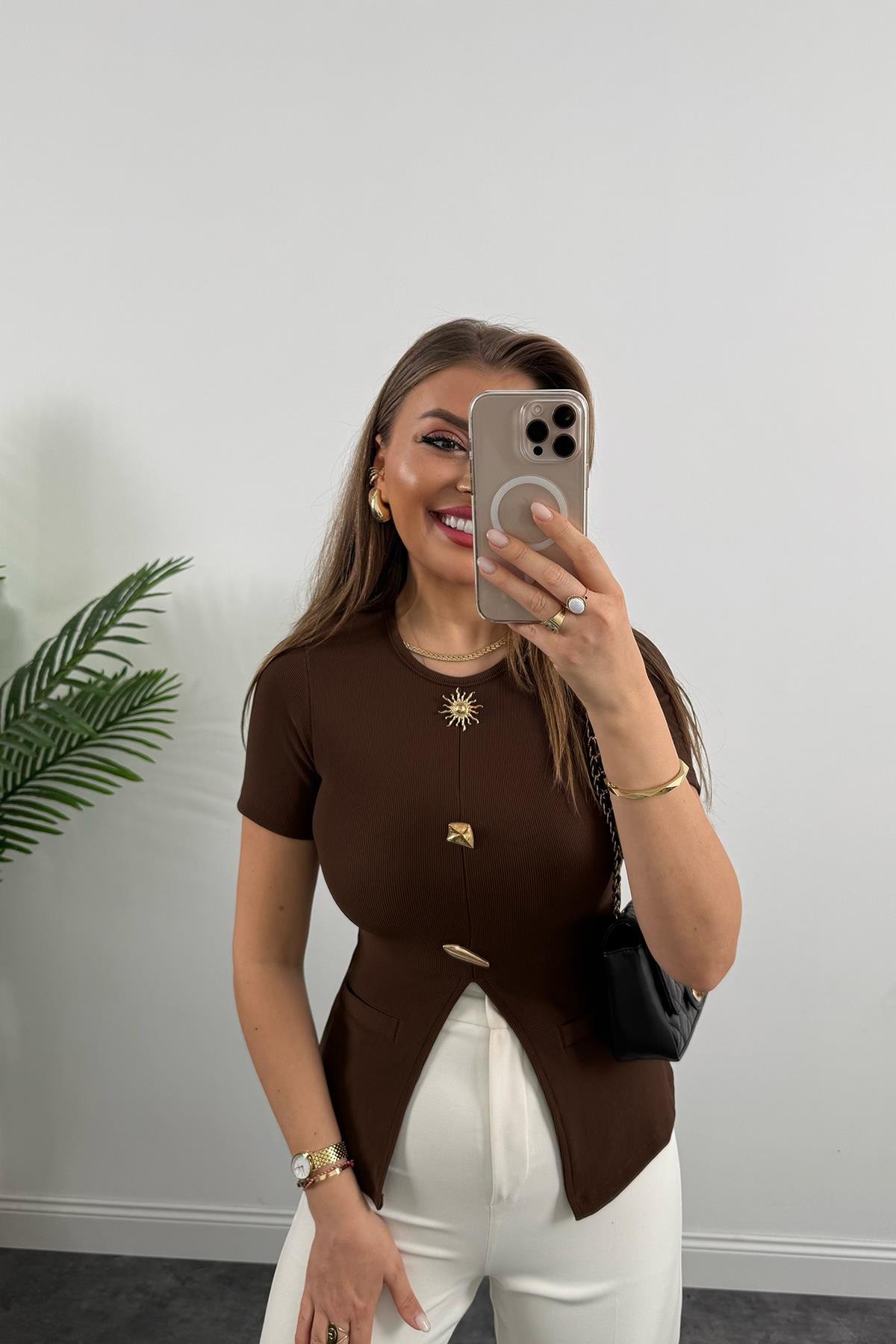 Ottoman Kumaş Güneş Serisi Kısa Kol Likralı Eteği V Bluz Kahverengi