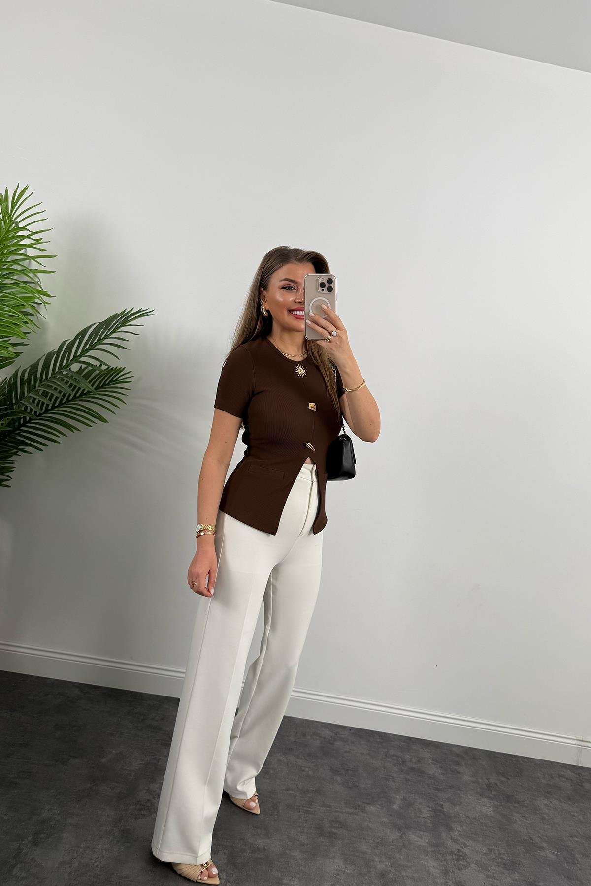 Ottoman Kumaş Güneş Serisi Kısa Kol Likralı Eteği V Bluz Kahverengi