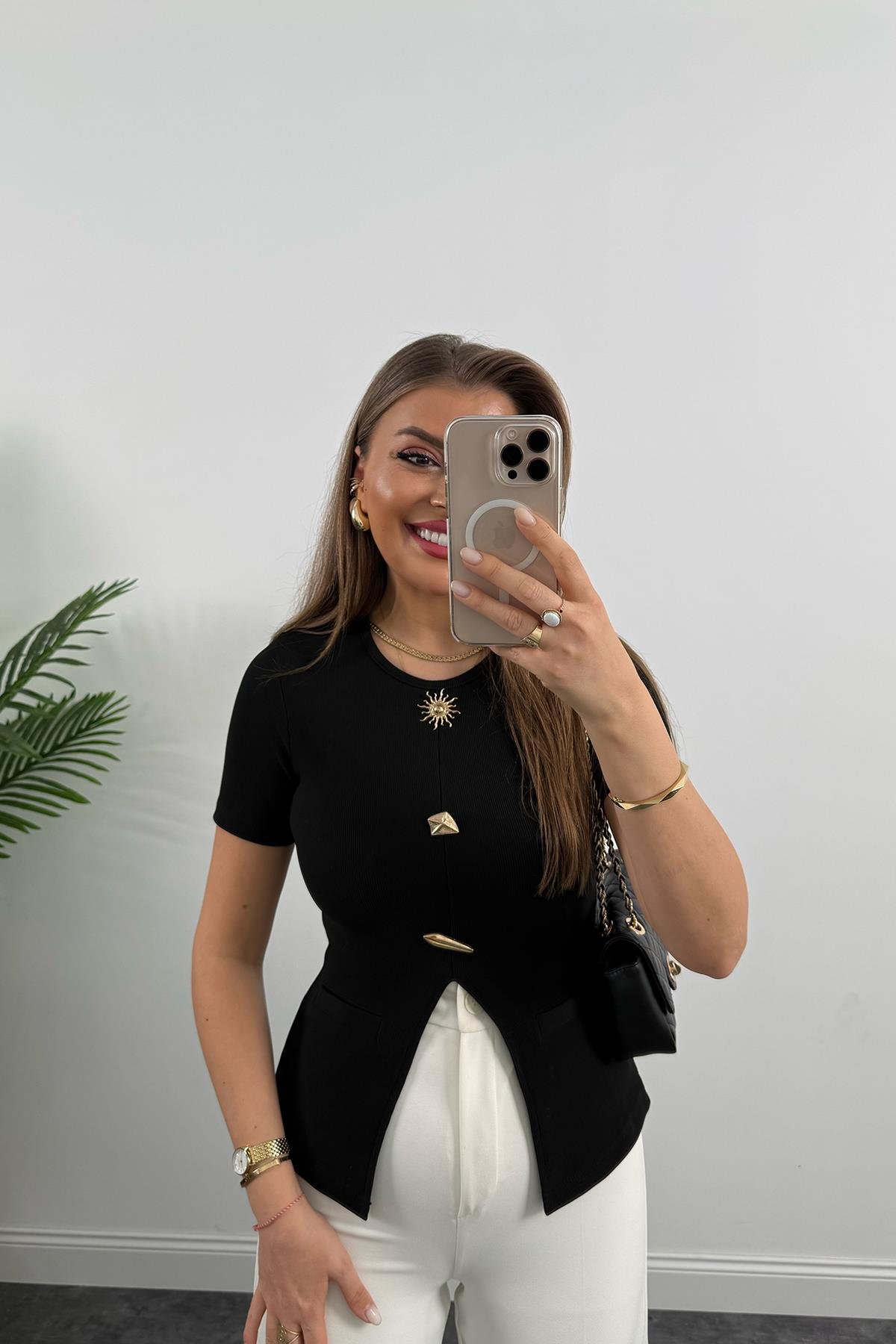 Ottoman Kumaş Güneş Serisi Kısa Kol Likralı Eteği V Bluz Siyah