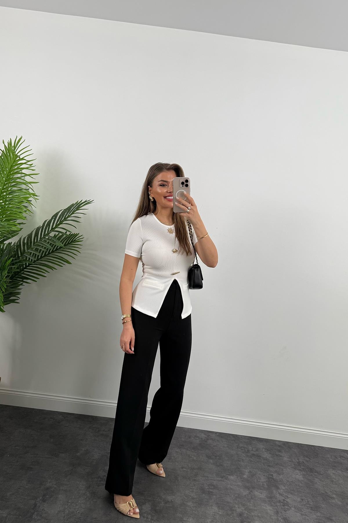 Ottoman Kumaş Güneş Serisi Kısa Kol Likralı Eteği V Bluz Beyaz