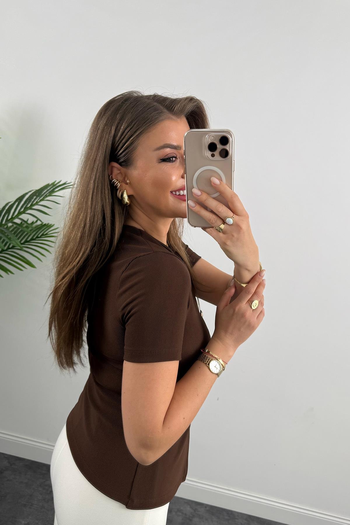 Ottoman Kumaş Güneş Serisi Kısa Kol Likralı Eteği V Bluz Kahverengi