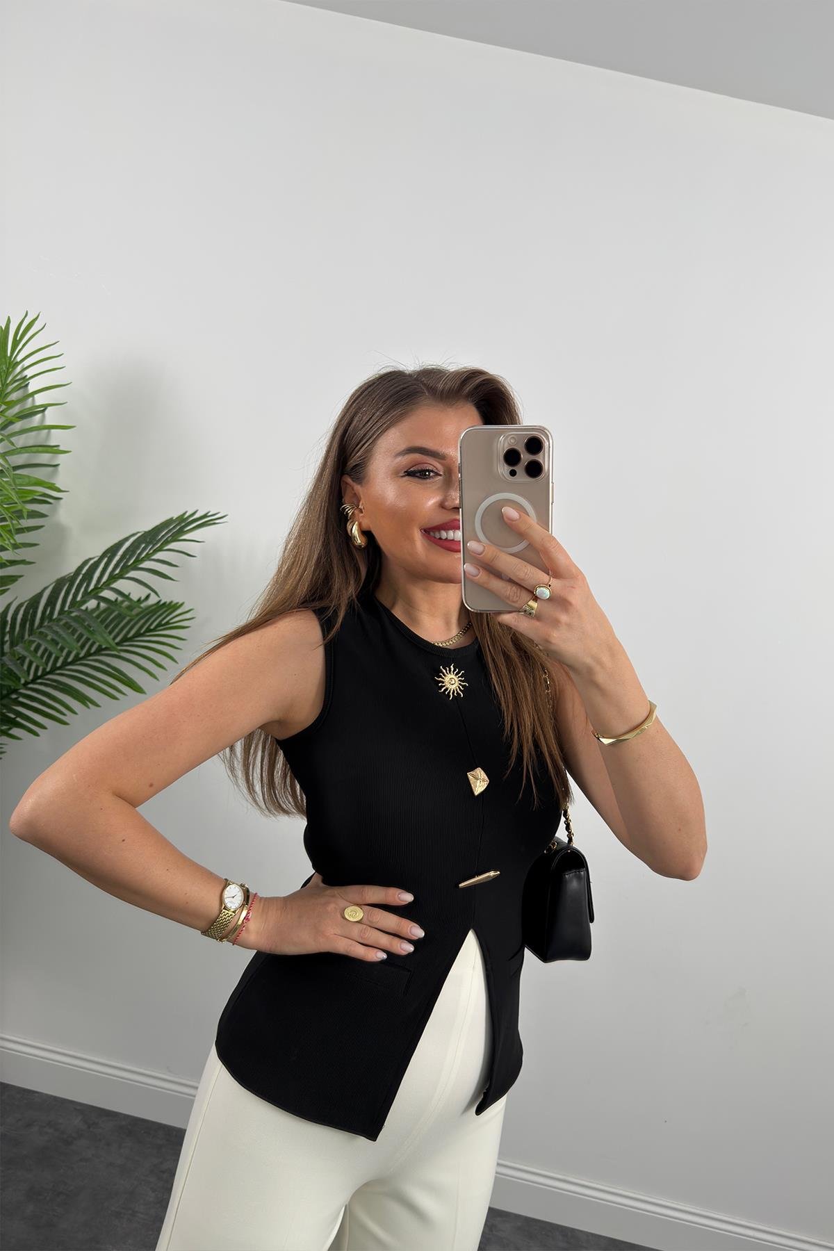 Ottoman Kumaş Güneş Serisi Sıfır Kol Likralı Eteği V Bluz Siyah