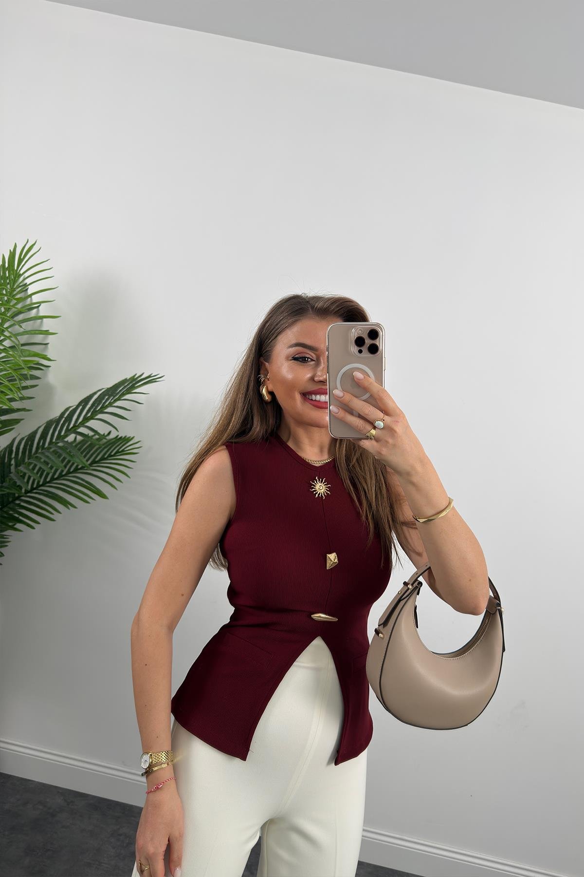 Ottoman Kumaş Güneş Serisi Sıfır Kol Likralı Eteği V Bluz Bordo