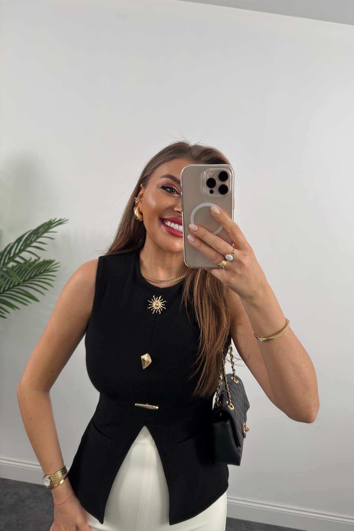 Ottoman Kumaş Güneş Serisi Sıfır Kol Likralı Eteği V Bluz Siyah