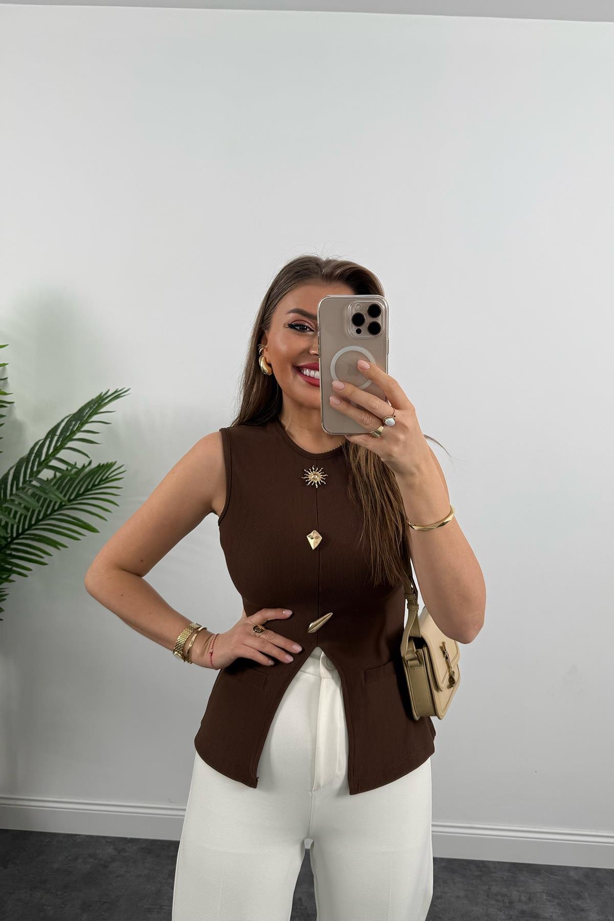 Ottoman Kumaş Güneş Serisi Sıfır Kol Likralı Eteği V Bluz Kahve