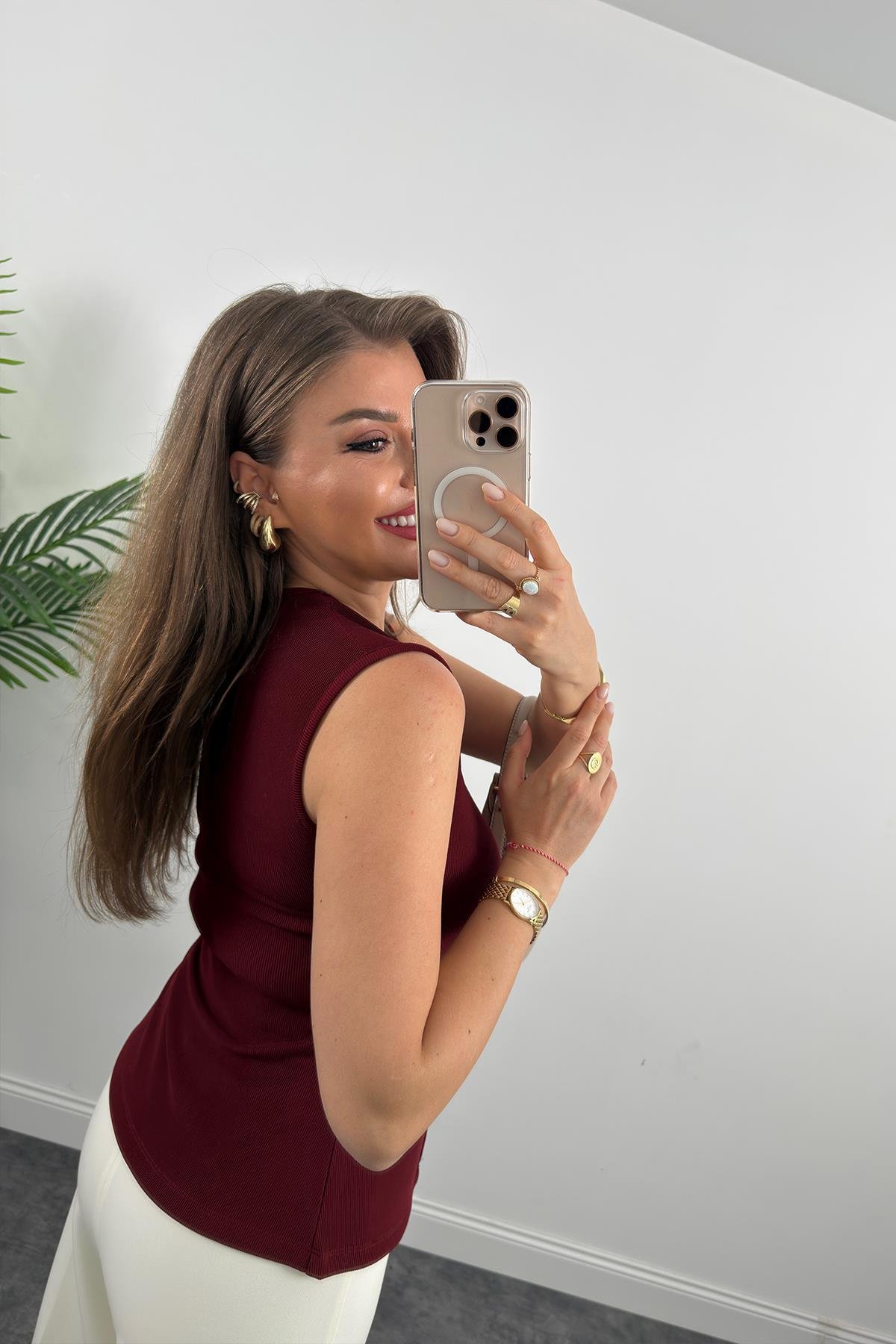 Ottoman Kumaş Güneş Serisi Sıfır Kol Likralı Eteği V Bluz Bordo