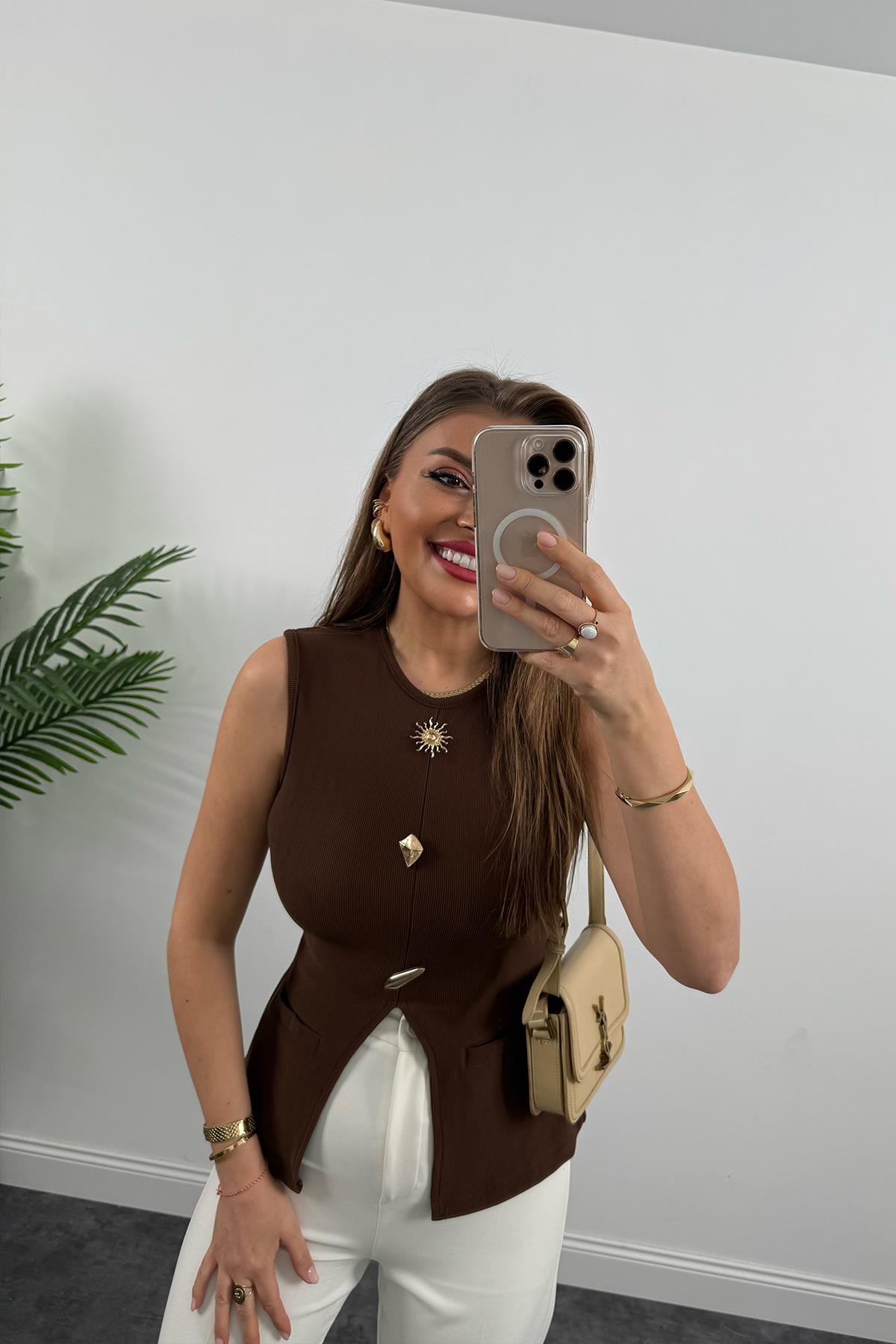 Ottoman Kumaş Güneş Serisi Sıfır Kol Likralı Eteği V Bluz Kahve