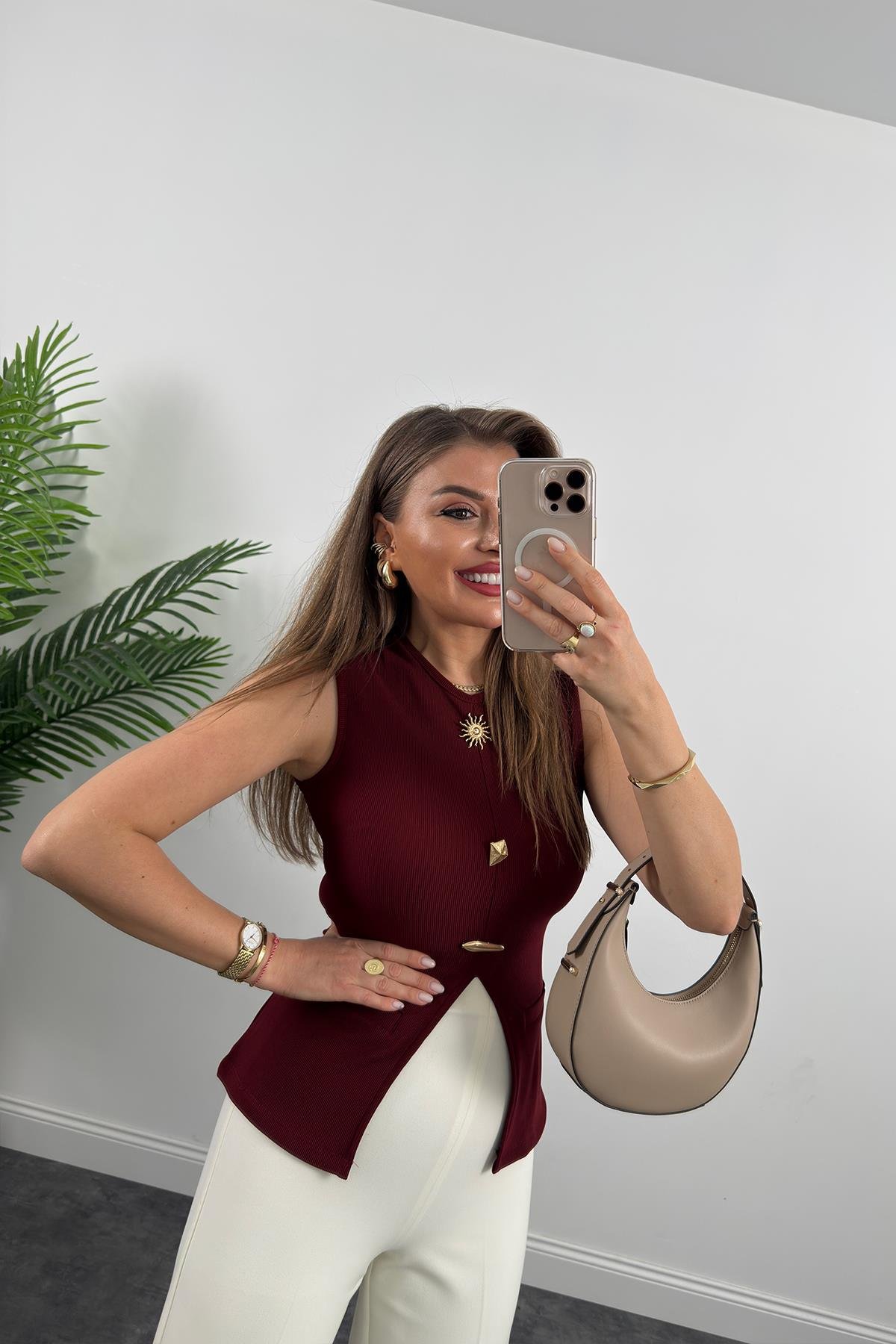 Ottoman Kumaş Güneş Serisi Sıfır Kol Likralı Eteği V Bluz Bordo