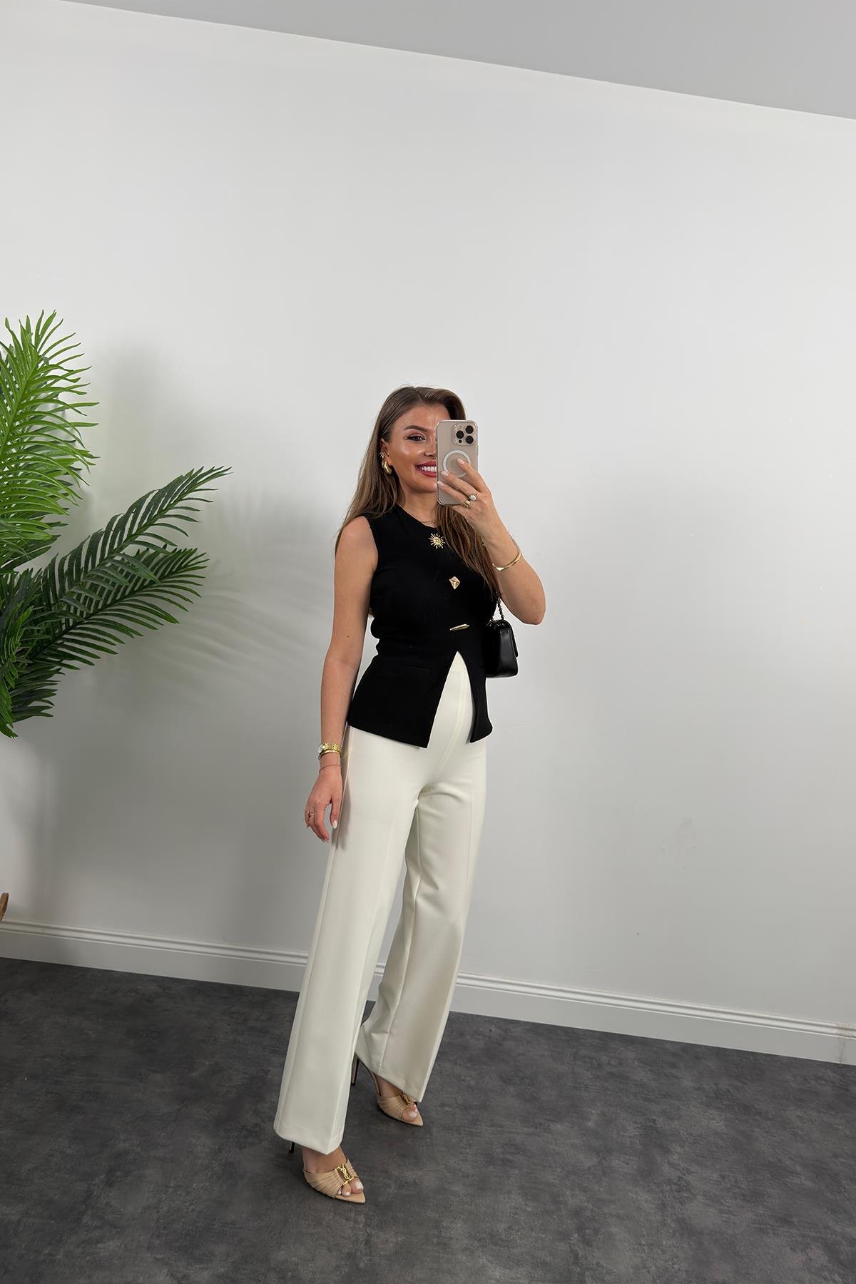 Ottoman Kumaş Güneş Serisi Sıfır Kol Likralı Eteği V Bluz Siyah