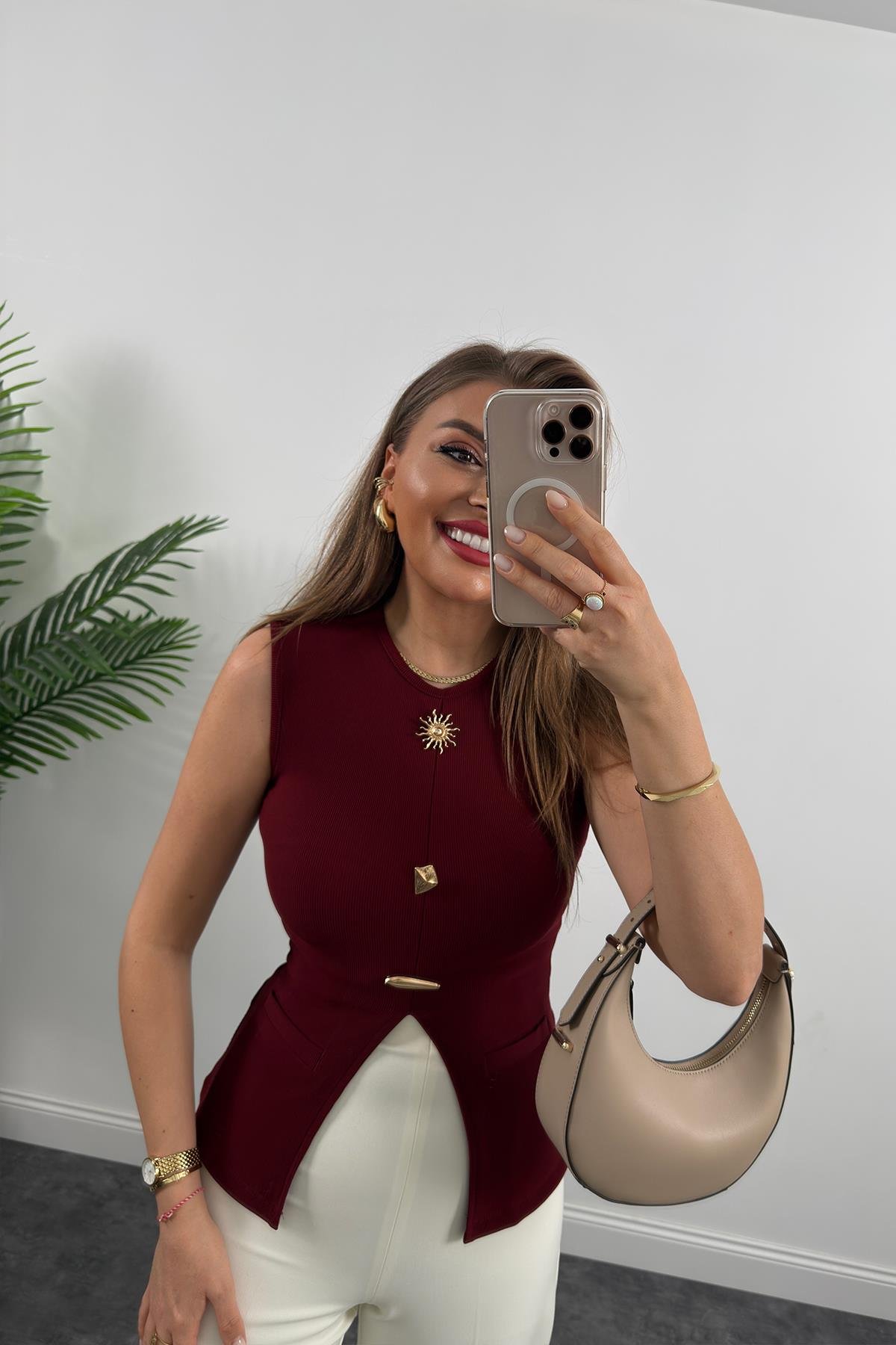 Ottoman Kumaş Güneş Serisi Sıfır Kol Likralı Eteği V Bluz Bordo