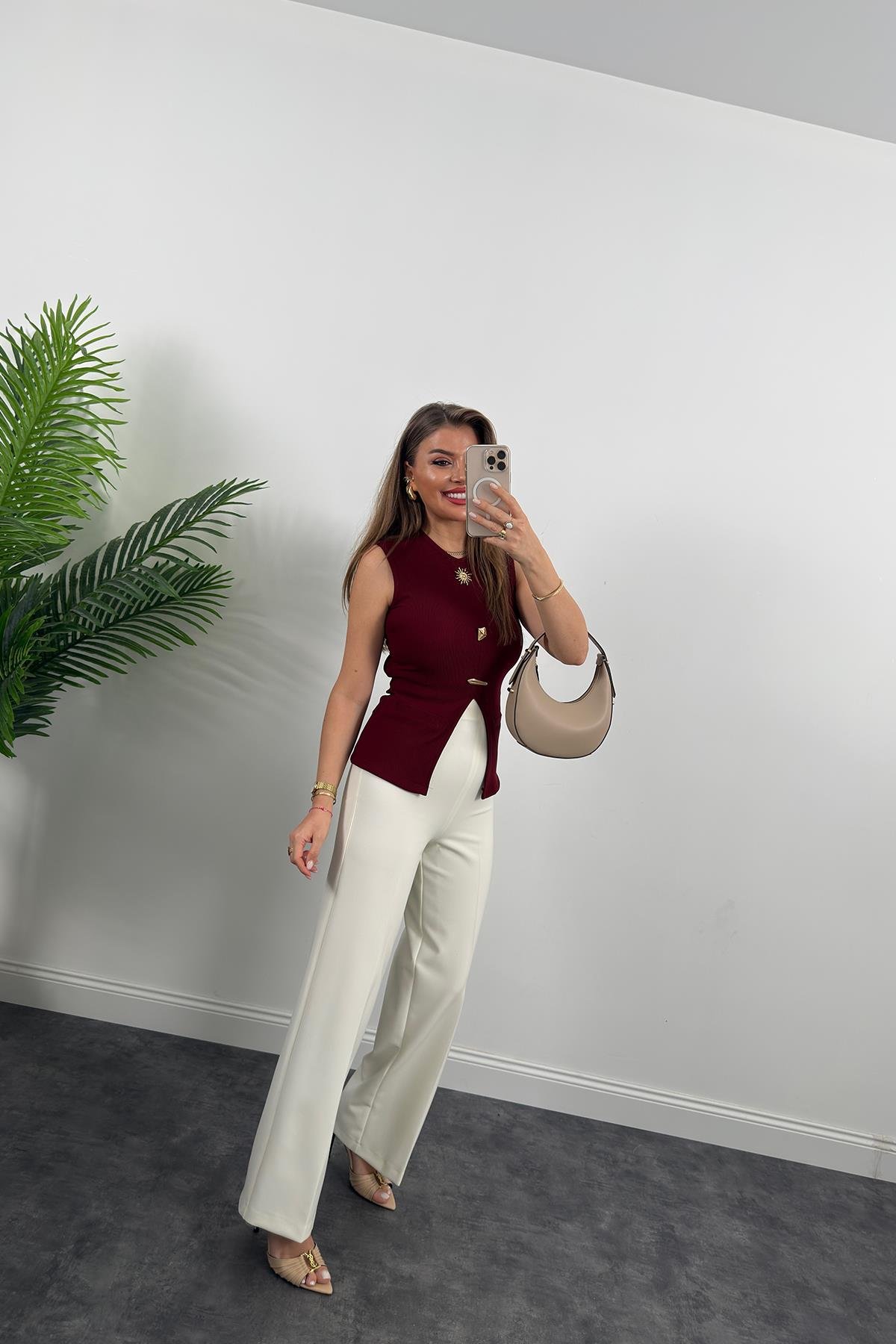 Ottoman Kumaş Güneş Serisi Sıfır Kol Likralı Eteği V Bluz Bordo