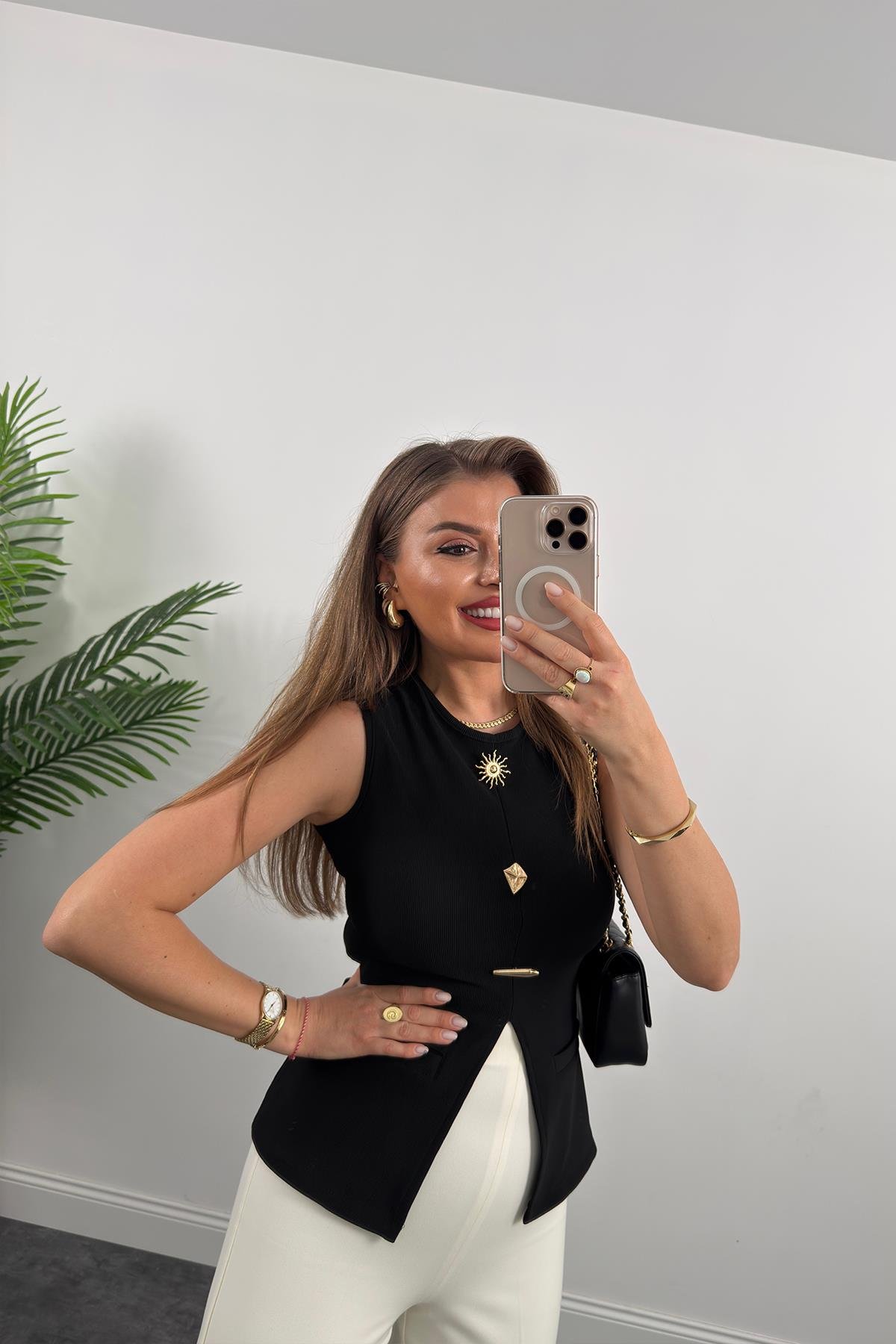 Ottoman Kumaş Güneş Serisi Sıfır Kol Likralı Eteği V Bluz Siyah