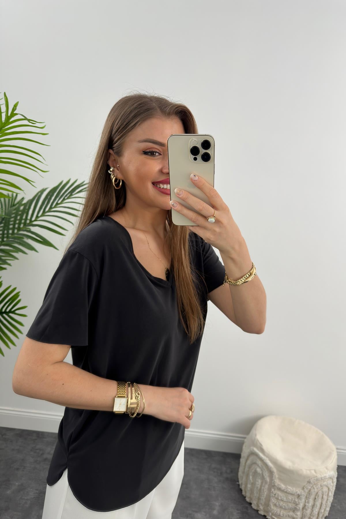 Oyhso V Yaka Modal Kumaş Basic Yıkamalı Siyah