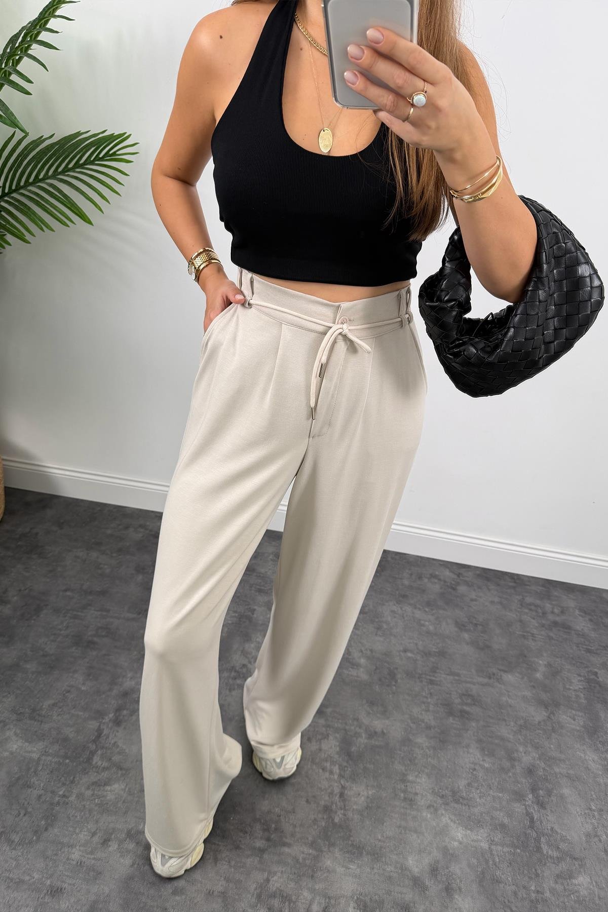 Oysh Kumaş Beli İpli Likralı Palazzo Pantolon Taş