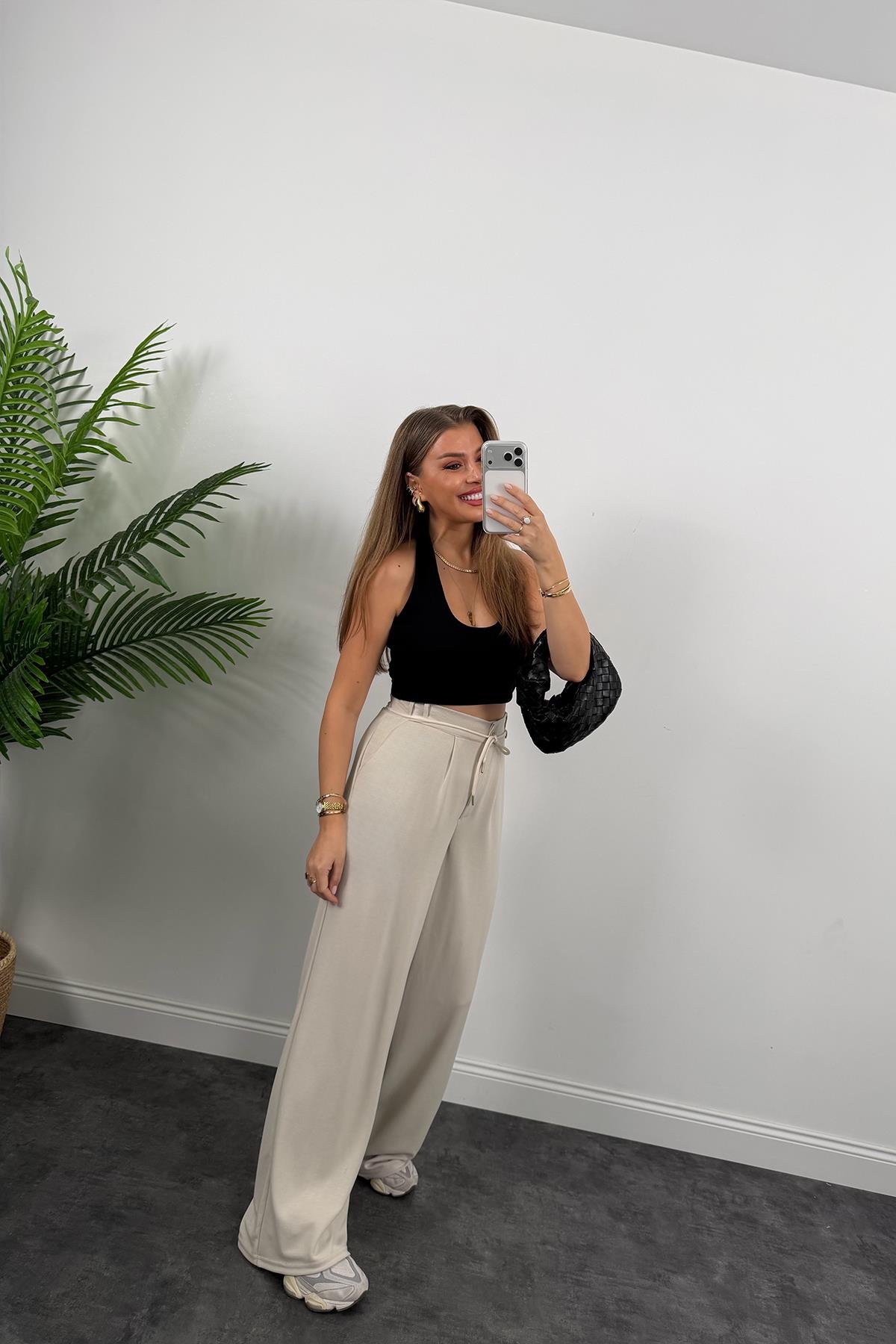 Oysh Kumaş Beli İpli Likralı Palazzo Pantolon Taş