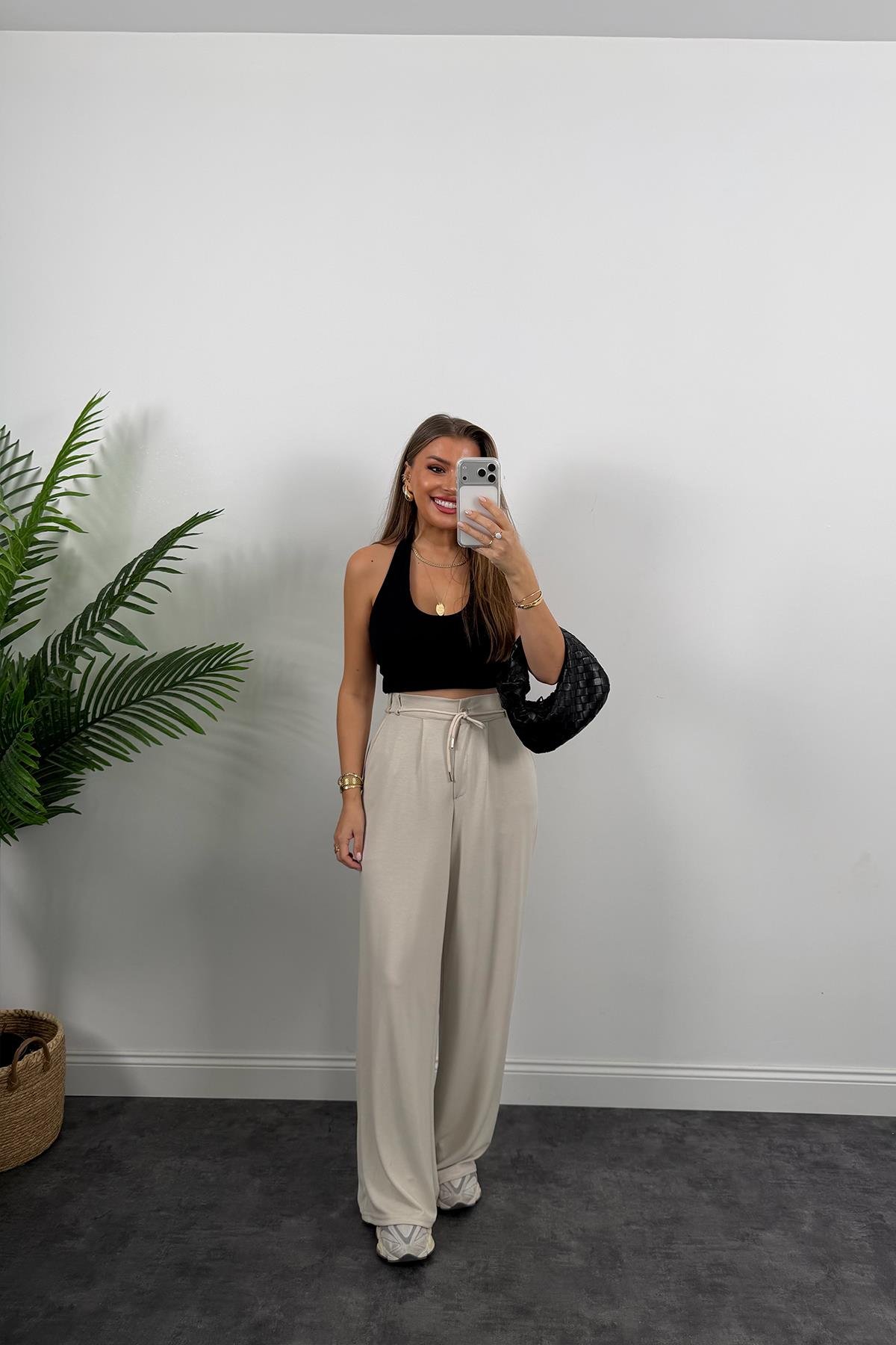 Oysh Kumaş Beli İpli Likralı Palazzo Pantolon Taş