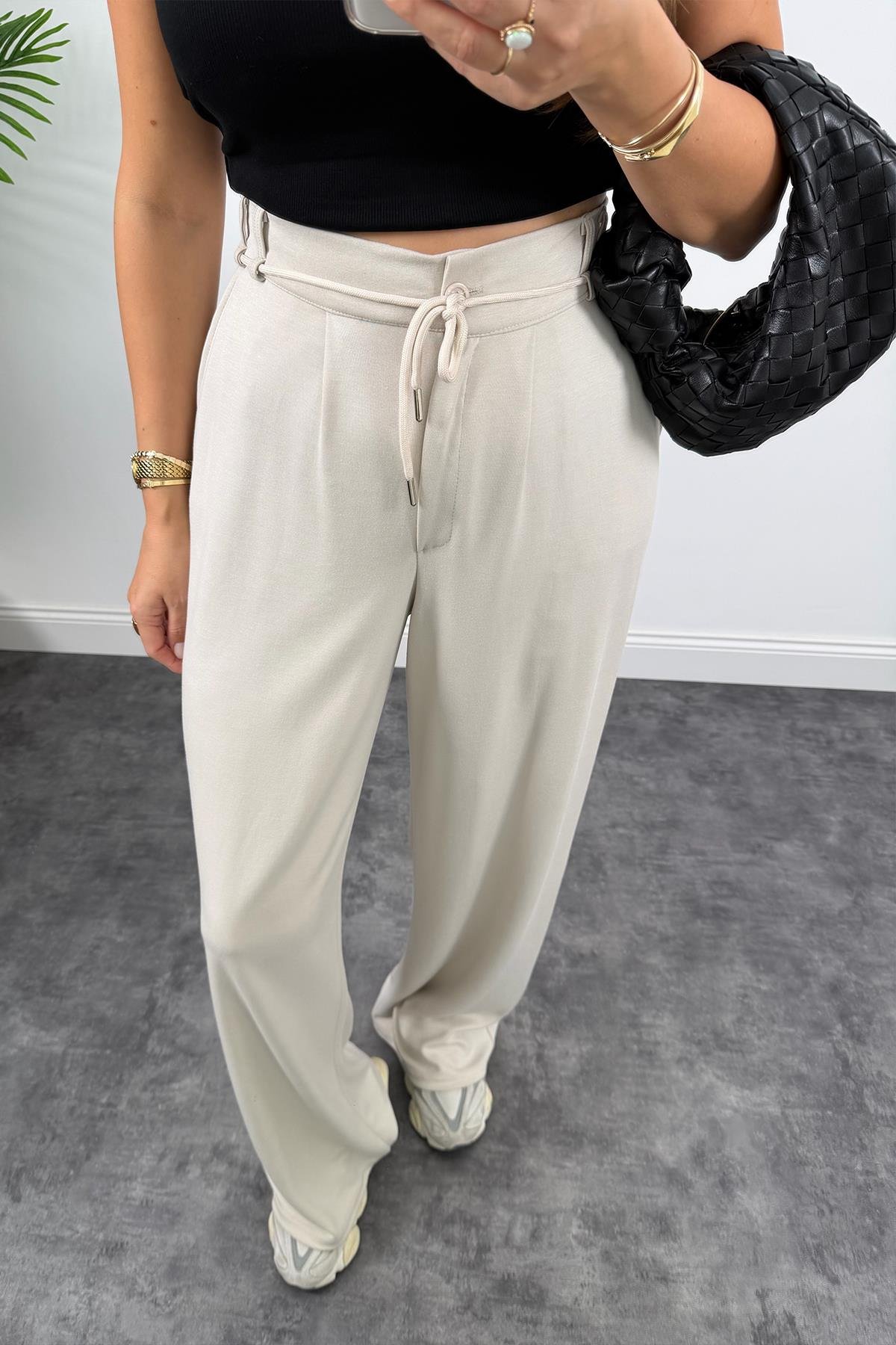 Oysh Kumaş Beli İpli Likralı Palazzo Pantolon Taş