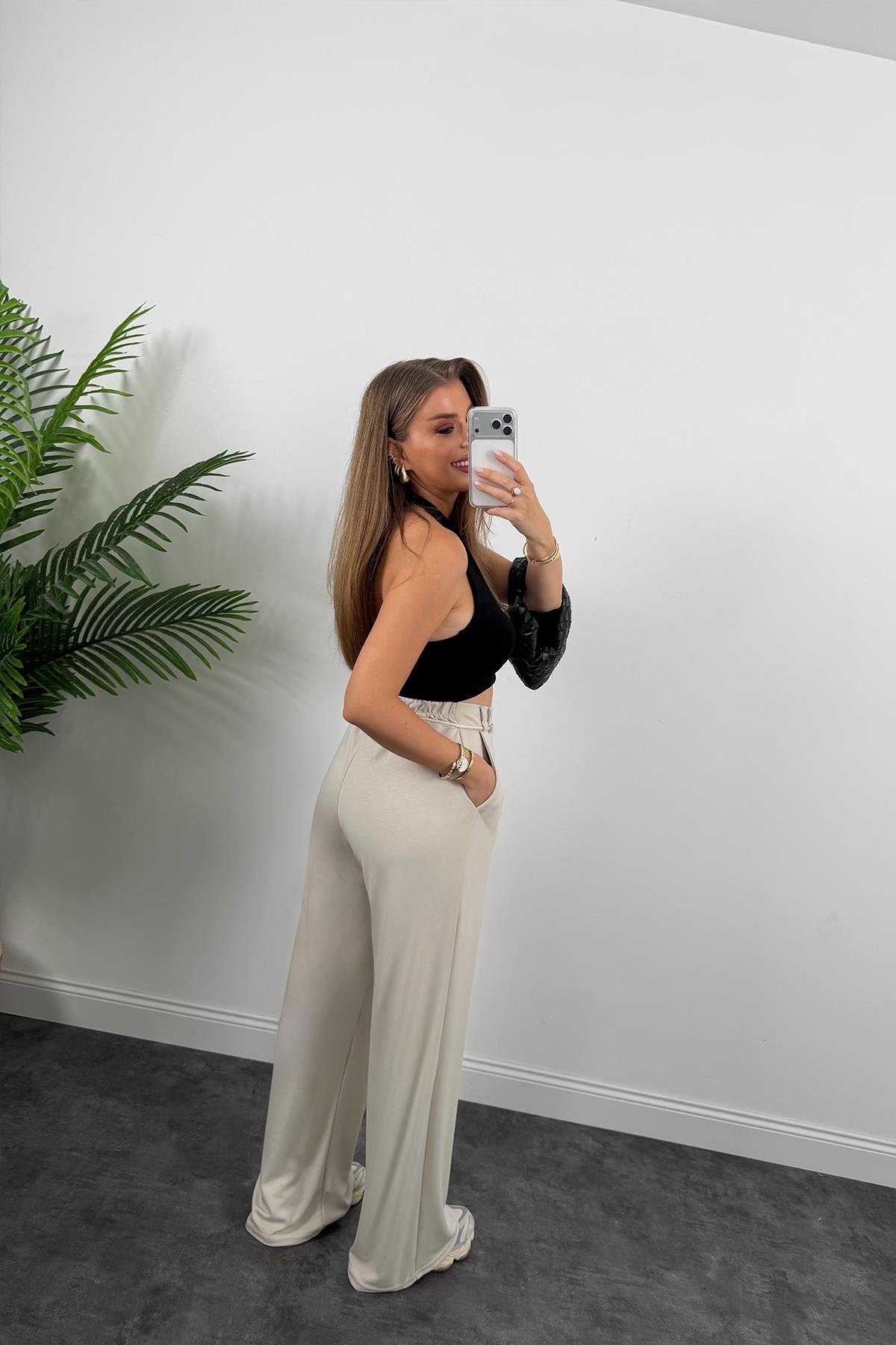 Oysh Kumaş Beli İpli Likralı Palazzo Pantolon Taş