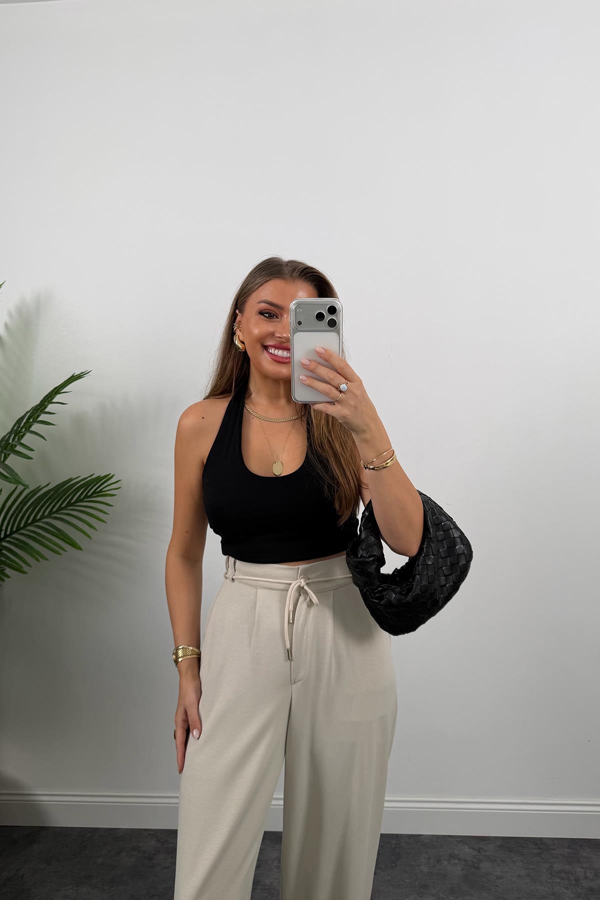 Oysh Kumaş Beli İpli Likralı Palazzo Pantolon Taş